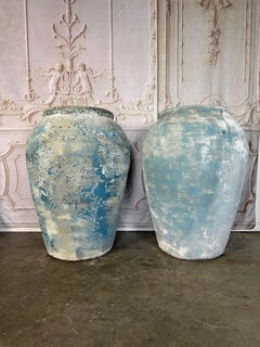Pair of Large Antique Terracotta Urns with Weathered Blue Patina