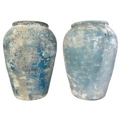 Pair of Large Antique Terracotta Urns with Weathered Blue Patina