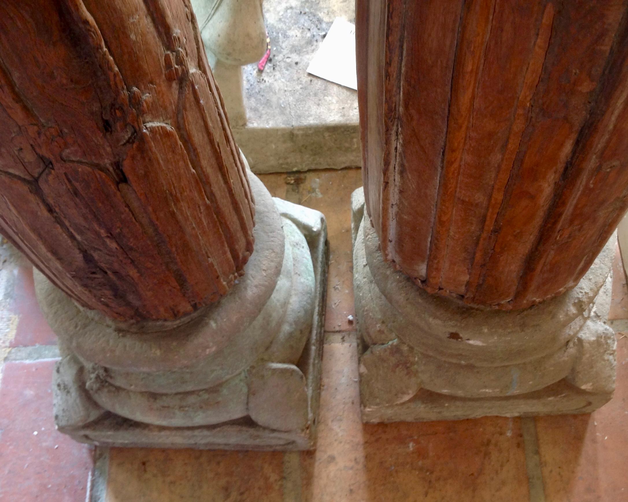 Pair of Large Antique Wood Columns with Stone Bases 8