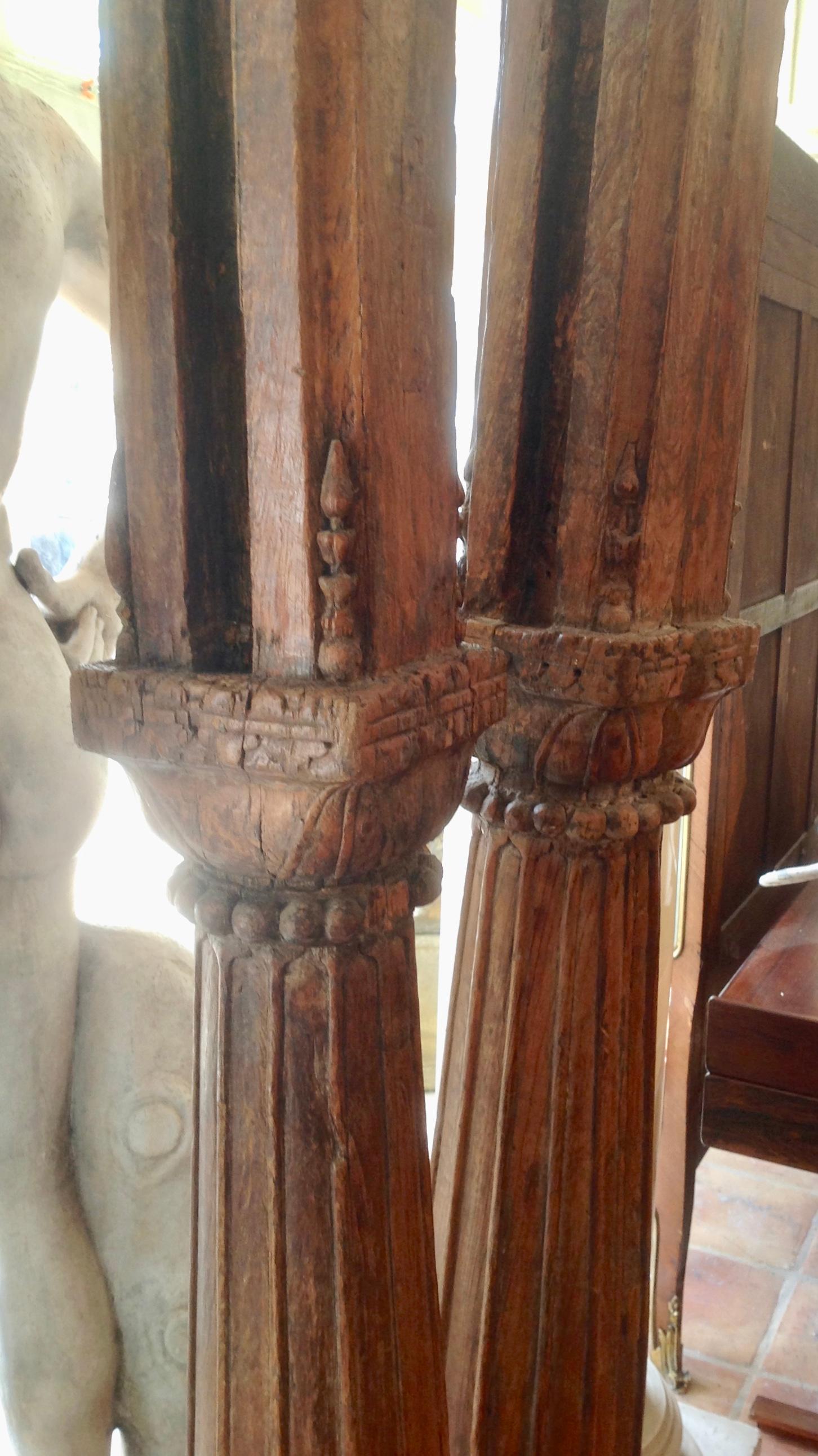 European Pair of Large Antique Wood Columns with Stone Bases