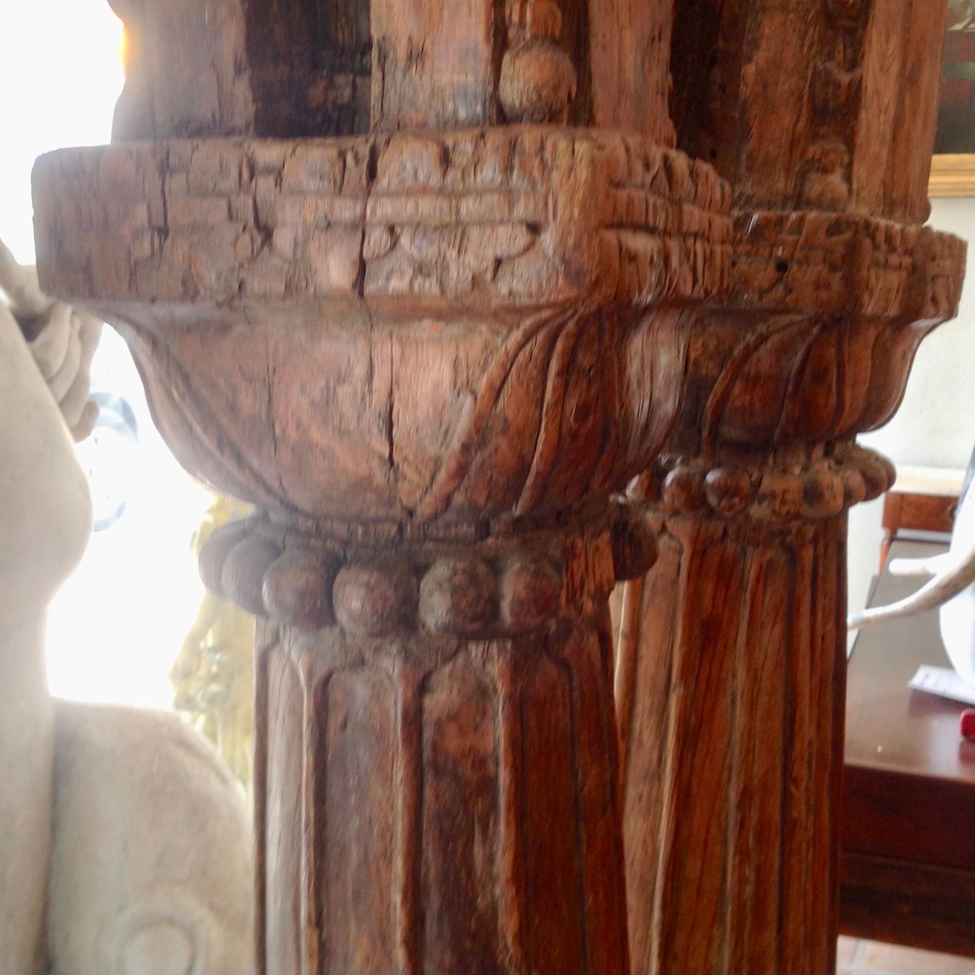 19th Century Pair of Large Antique Wood Columns with Stone Bases