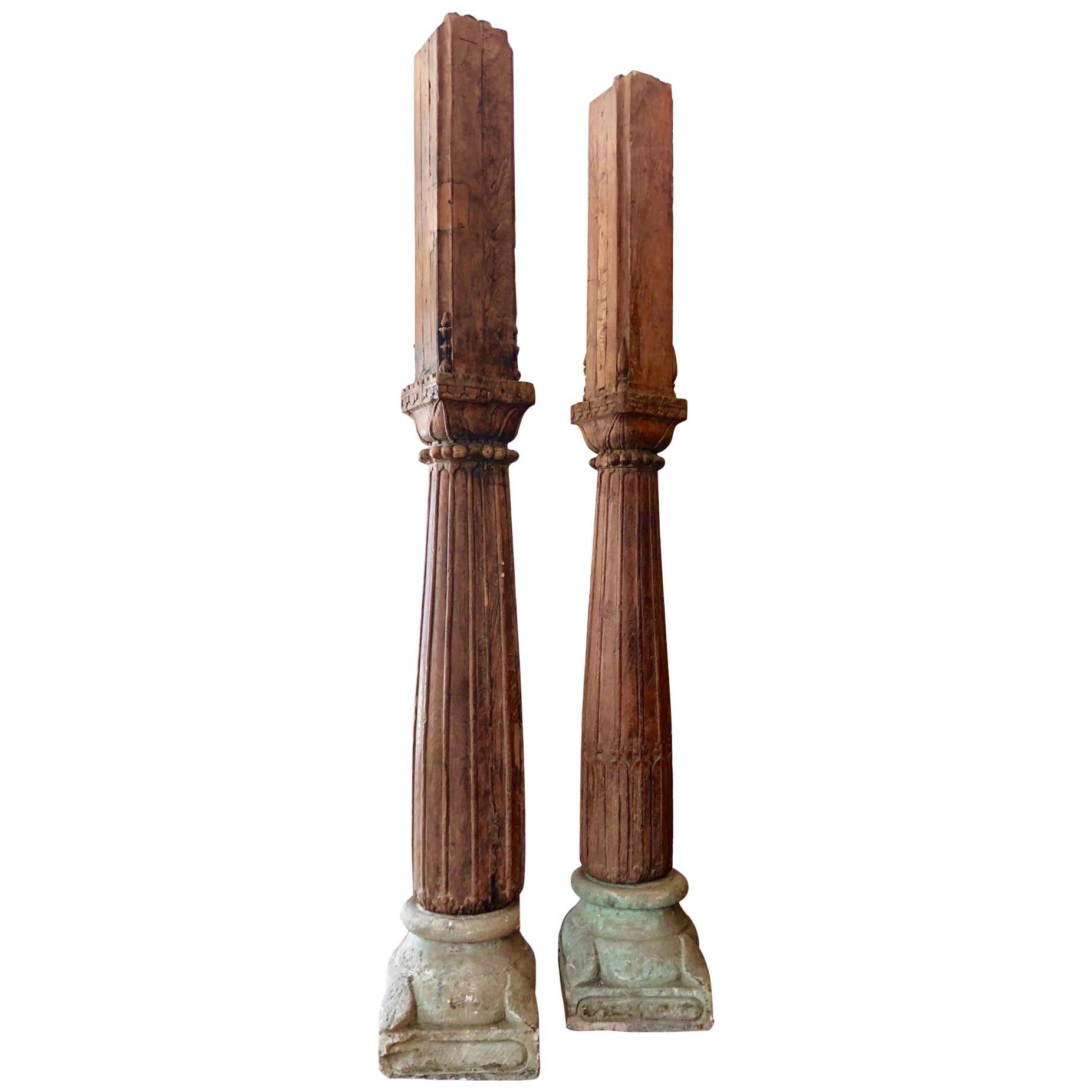 Pair of Large Antique Wood Columns with Stone Bases