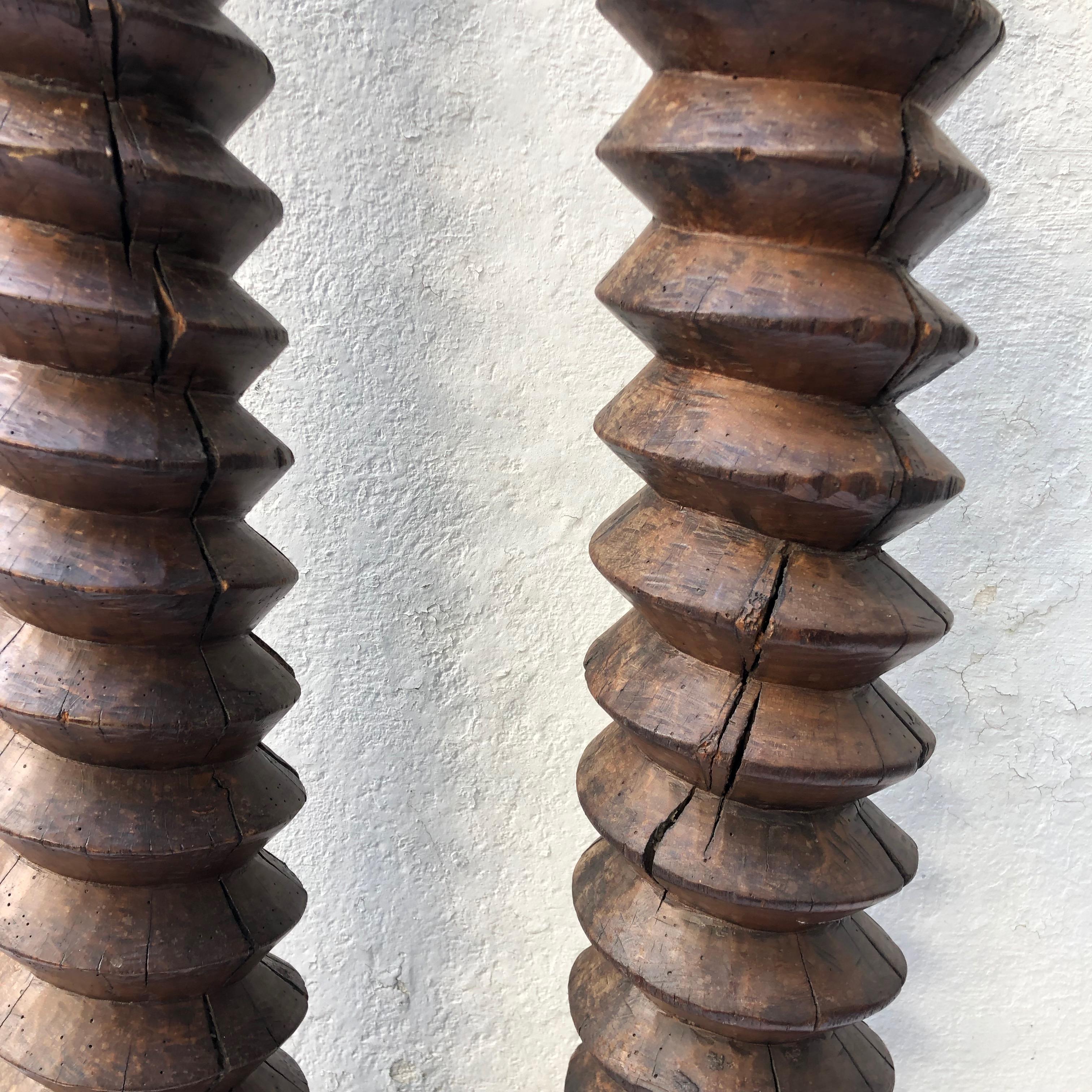 Pair of large wine press wood screw element pedestals.