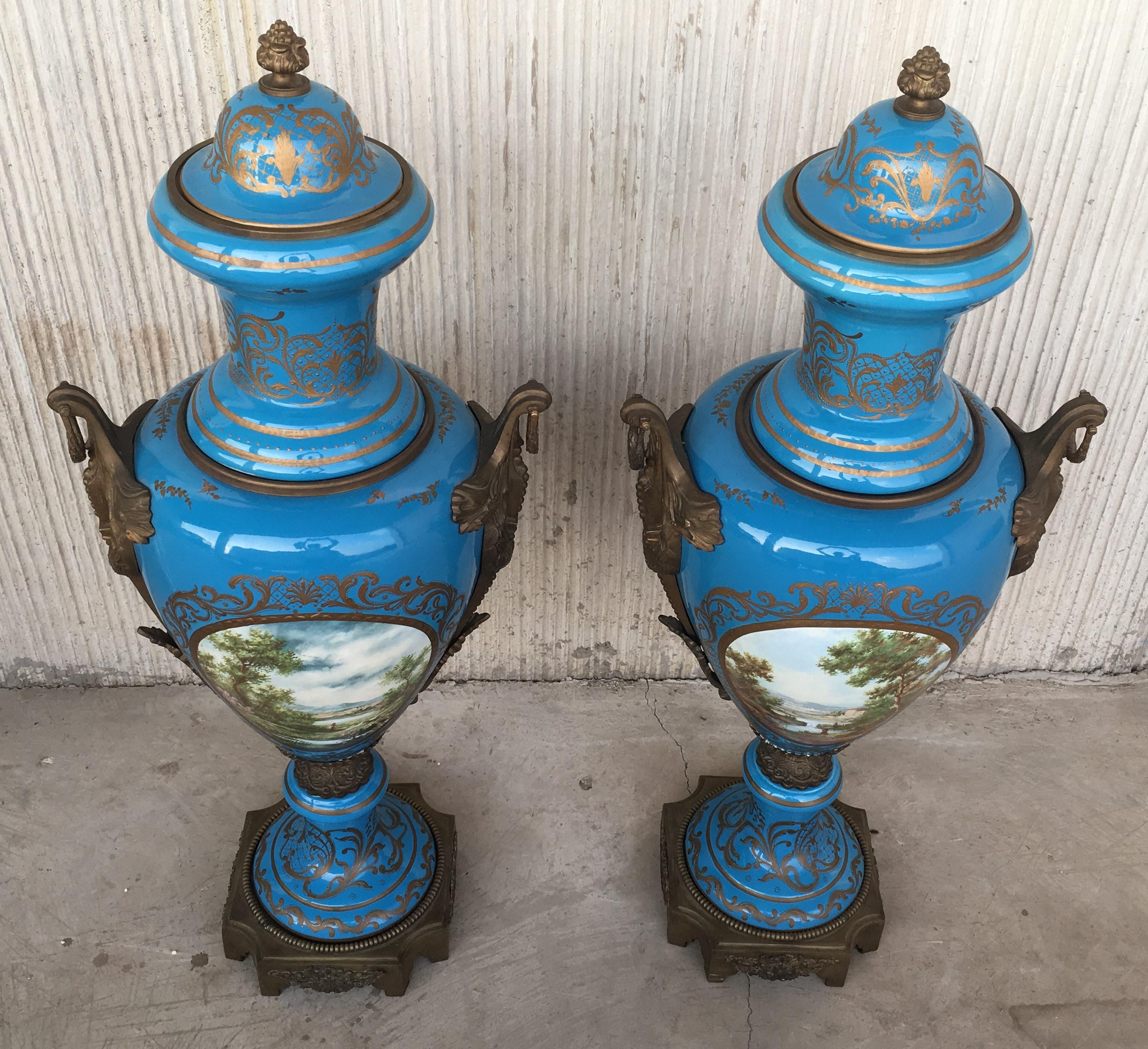 Neoclassical Pair of Large Antiques French Ormolu-Mounted & Painted Pair of Sèvres Porcelain For Sale