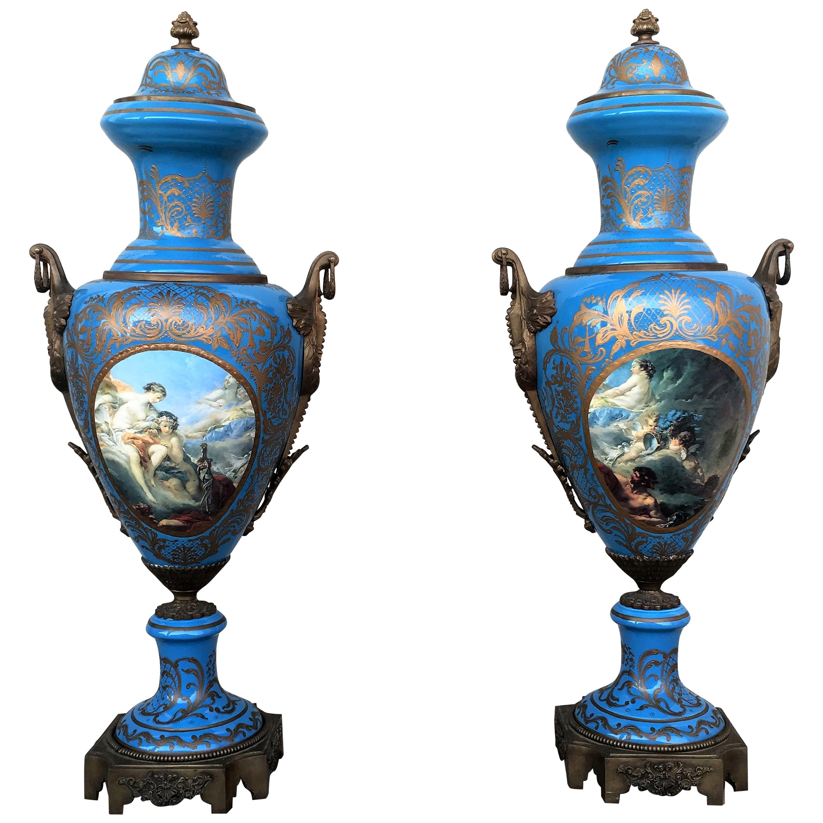 Pair of Large Antiques French Ormolu-Mounted & Painted Pair of Sèvres Porcelain For Sale