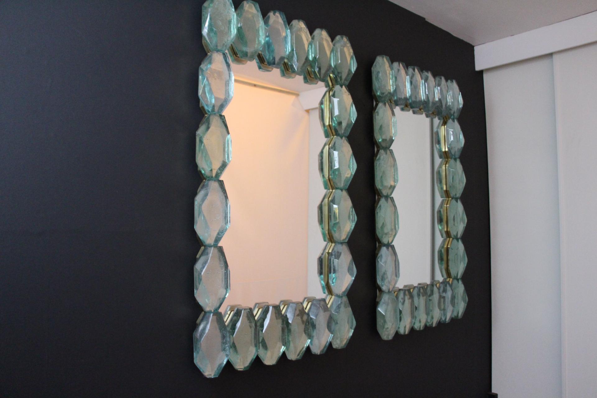 Organic Modern Large Aqua Blue Diamond Cut Textured Murano Glass Block Mirrors, In Stock For Sale