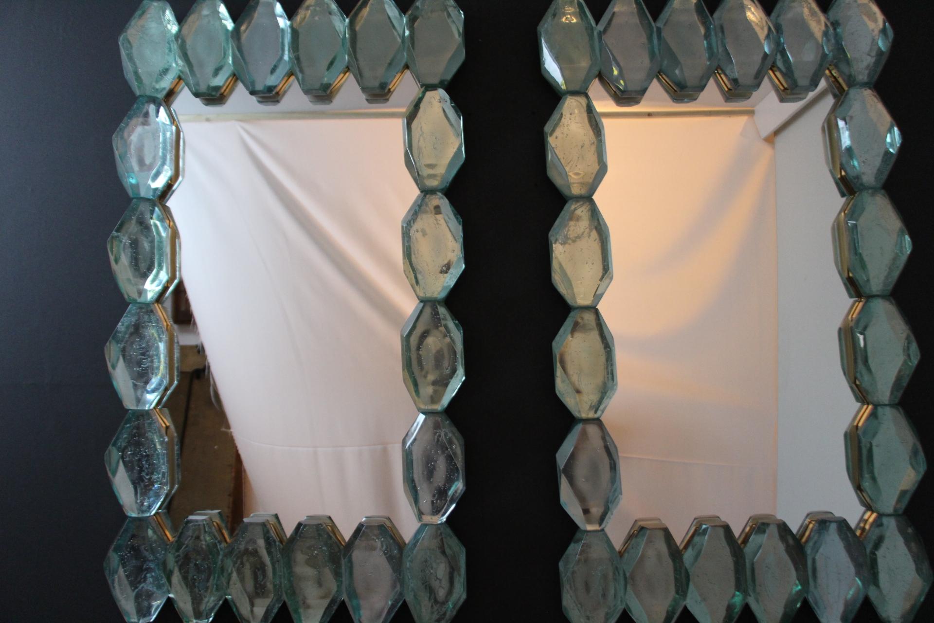 Italian Large Aqua Blue Diamond Cut Textured Murano Glass Block Mirrors, In Stock For Sale