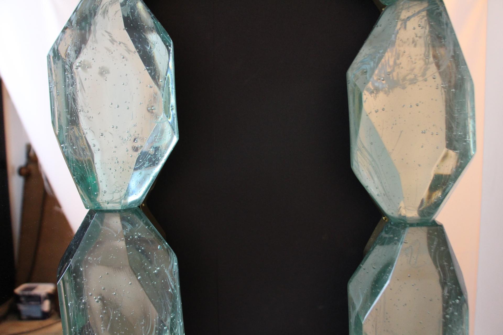 Contemporary Large Aqua Blue Diamond Cut Textured Murano Glass Block Mirrors, In Stock For Sale