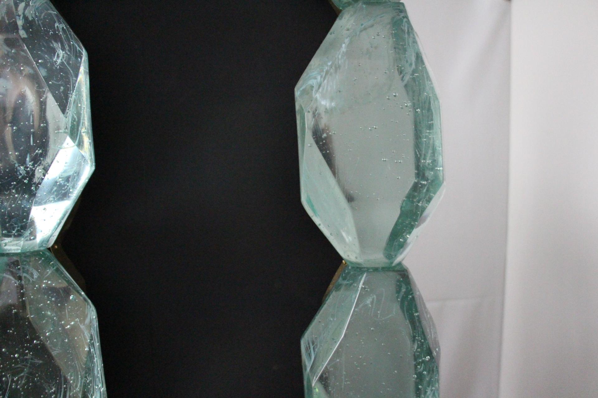 Brass Large Aqua Blue Diamond Cut Textured Murano Glass Block Mirrors, In Stock For Sale