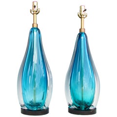 Pair of Large Aqua Blue to Clear Murano Glass Table Lamps