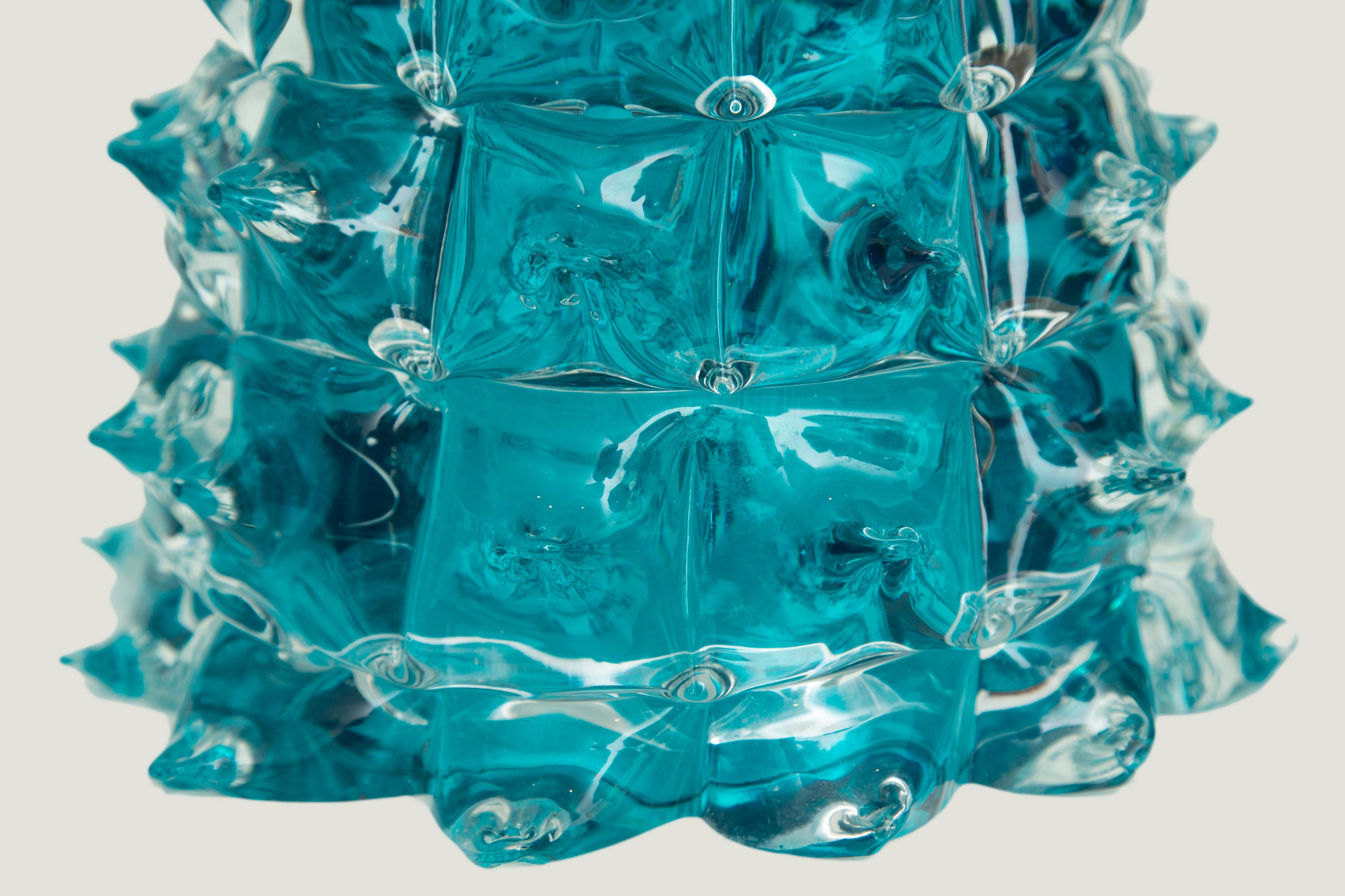 Hand-Crafted Pair of Large Aquamarine Rostrato Murano Glass Table Lamps, in Stock