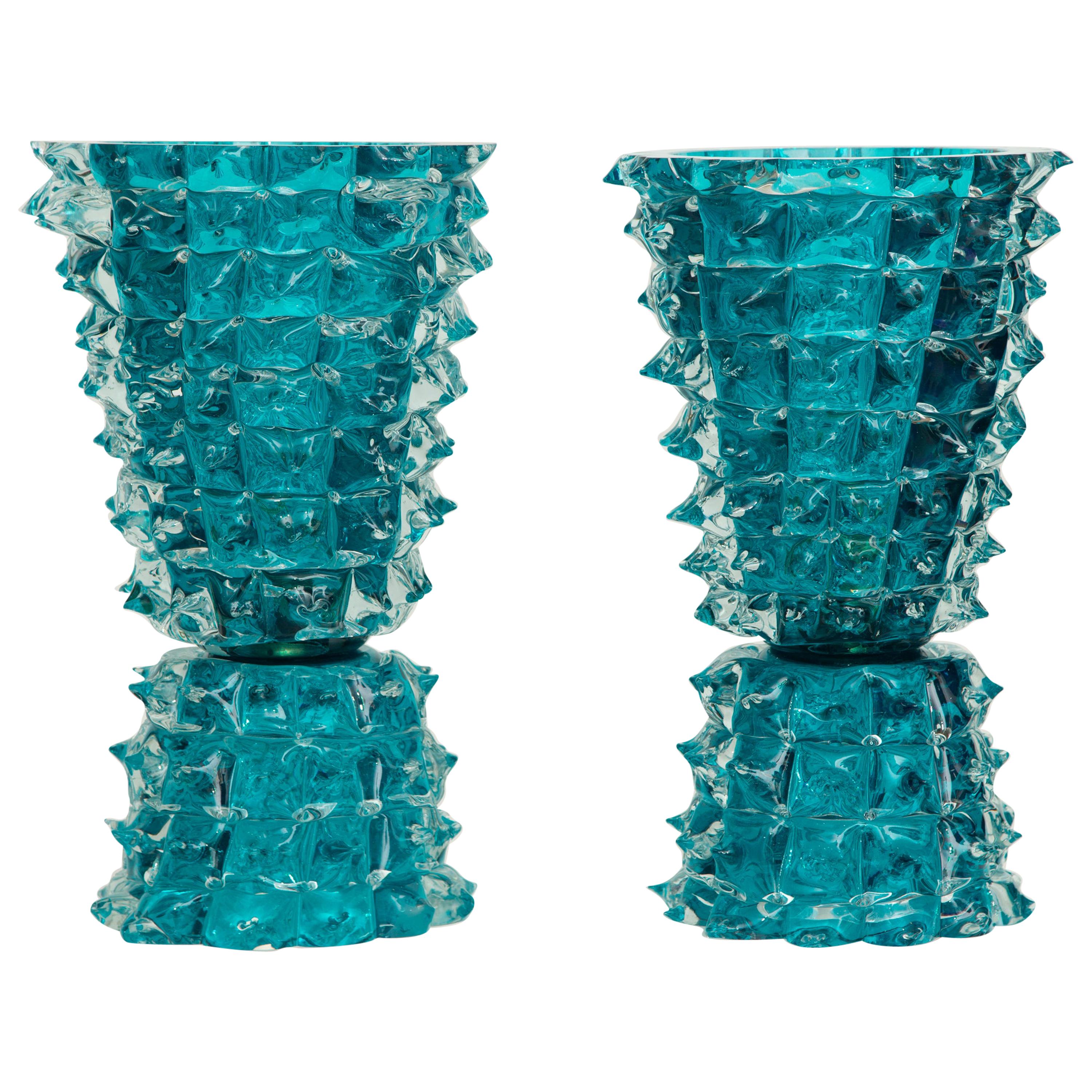 Pair of Large Aquamarine Rostrato Murano Glass Table Lamps, in Stock