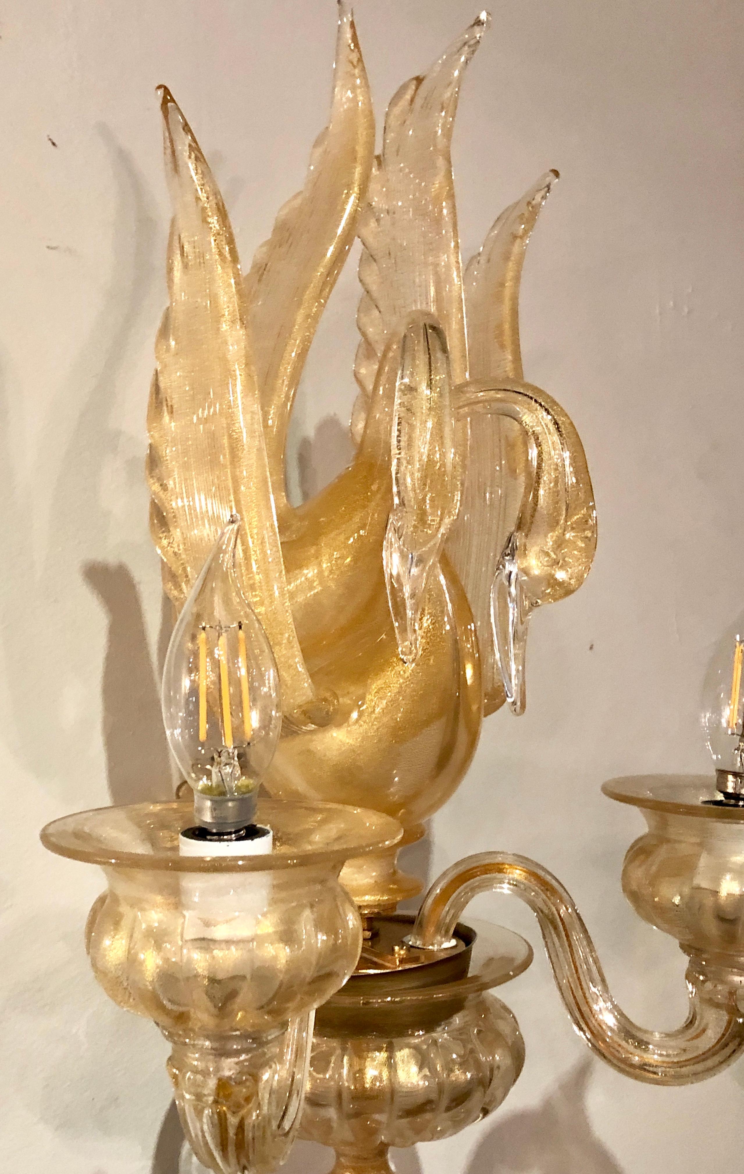 Mid-20th Century Pair of Large Archimede Seguso Gold Flecked Swan Sconces Signed and Marked For Sale