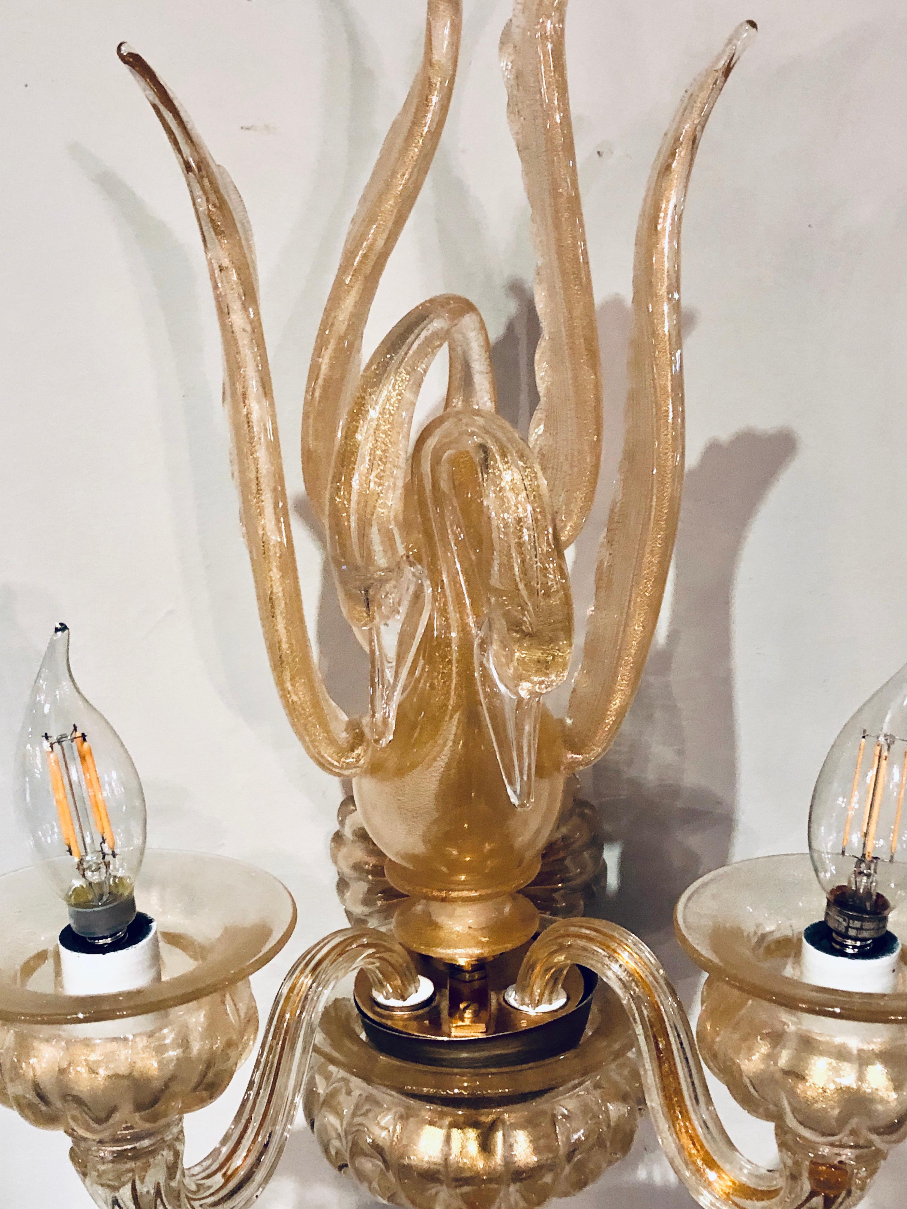 Murano Glass Pair of Large Archimede Seguso Gold Flecked Swan Sconces Signed and Marked For Sale