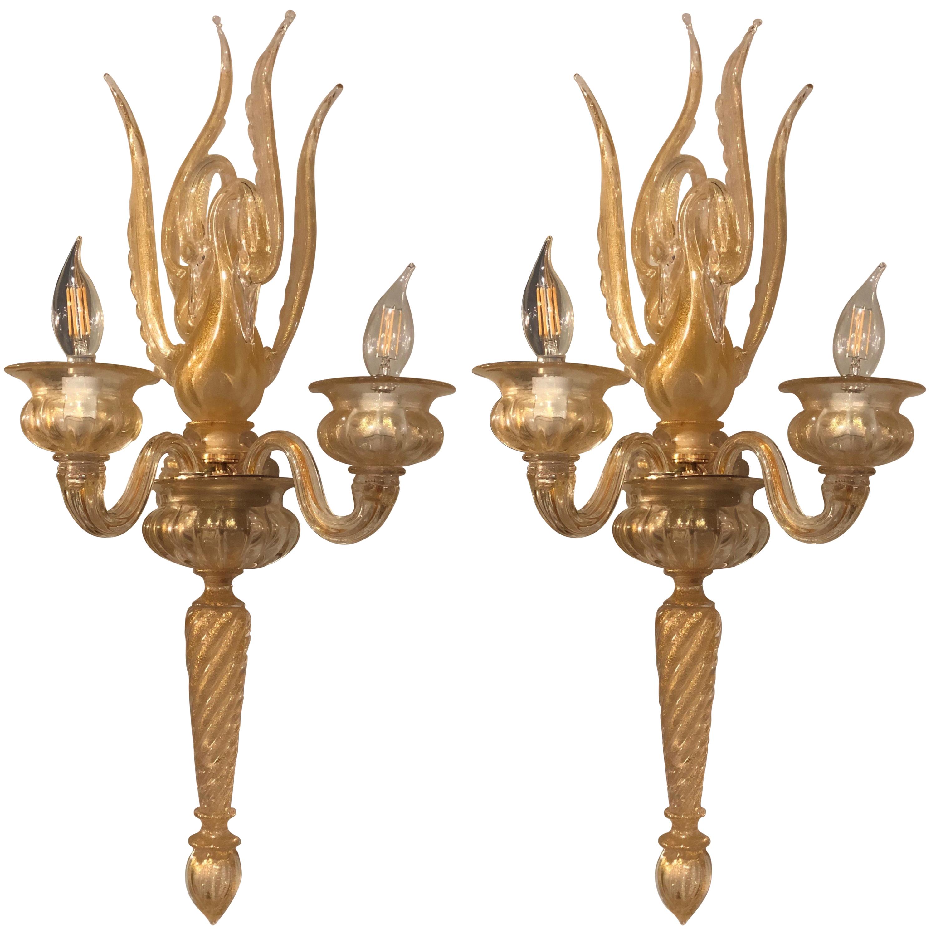 Pair of Large Archimede Seguso Gold Flecked Swan Sconces Signed and Marked