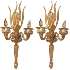 Vintage Pair of Large Archimede Seguso Gold Flecked Swan Sconces Signed and Marked