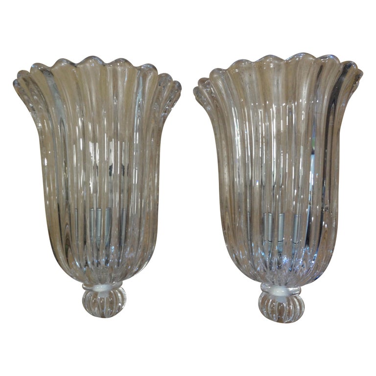 Pair of Large Archimede Seguso Signed and Marked Murano Glass Sconces