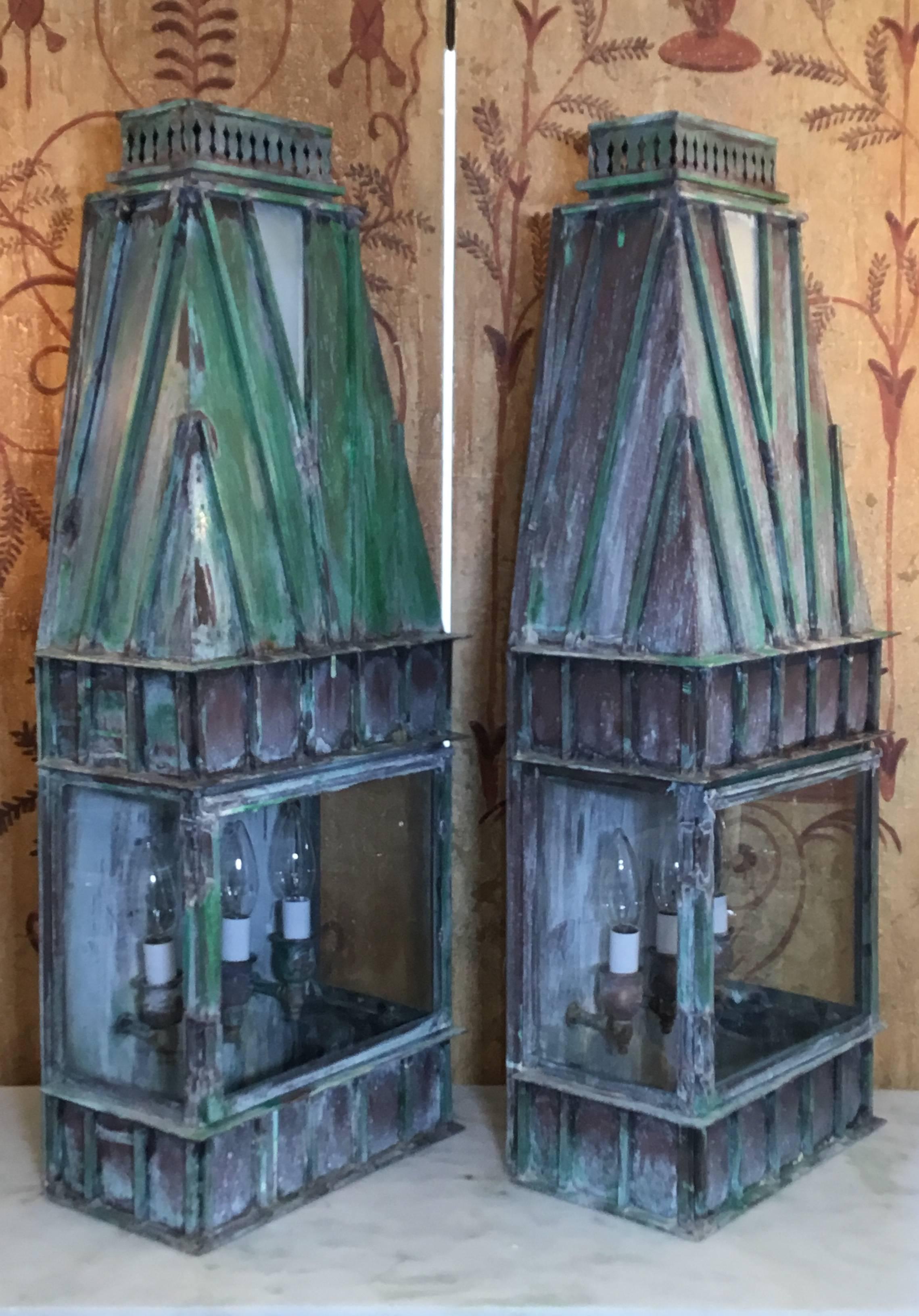 Pair of Large Architectural Brass Wall Hanging Lantern 6