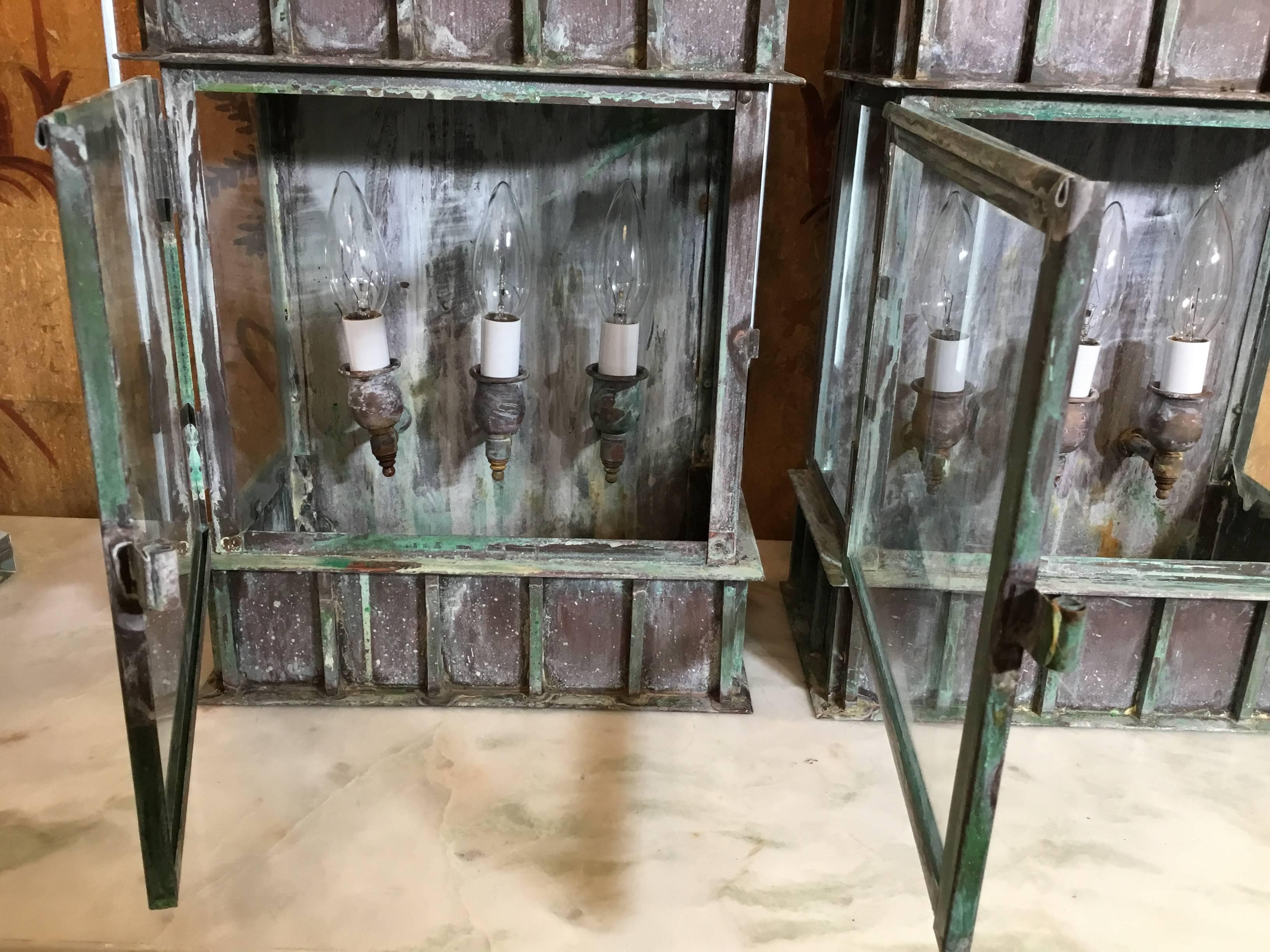 Pair of Large Architectural Brass Wall Hanging Lantern In Excellent Condition In Delray Beach, FL
