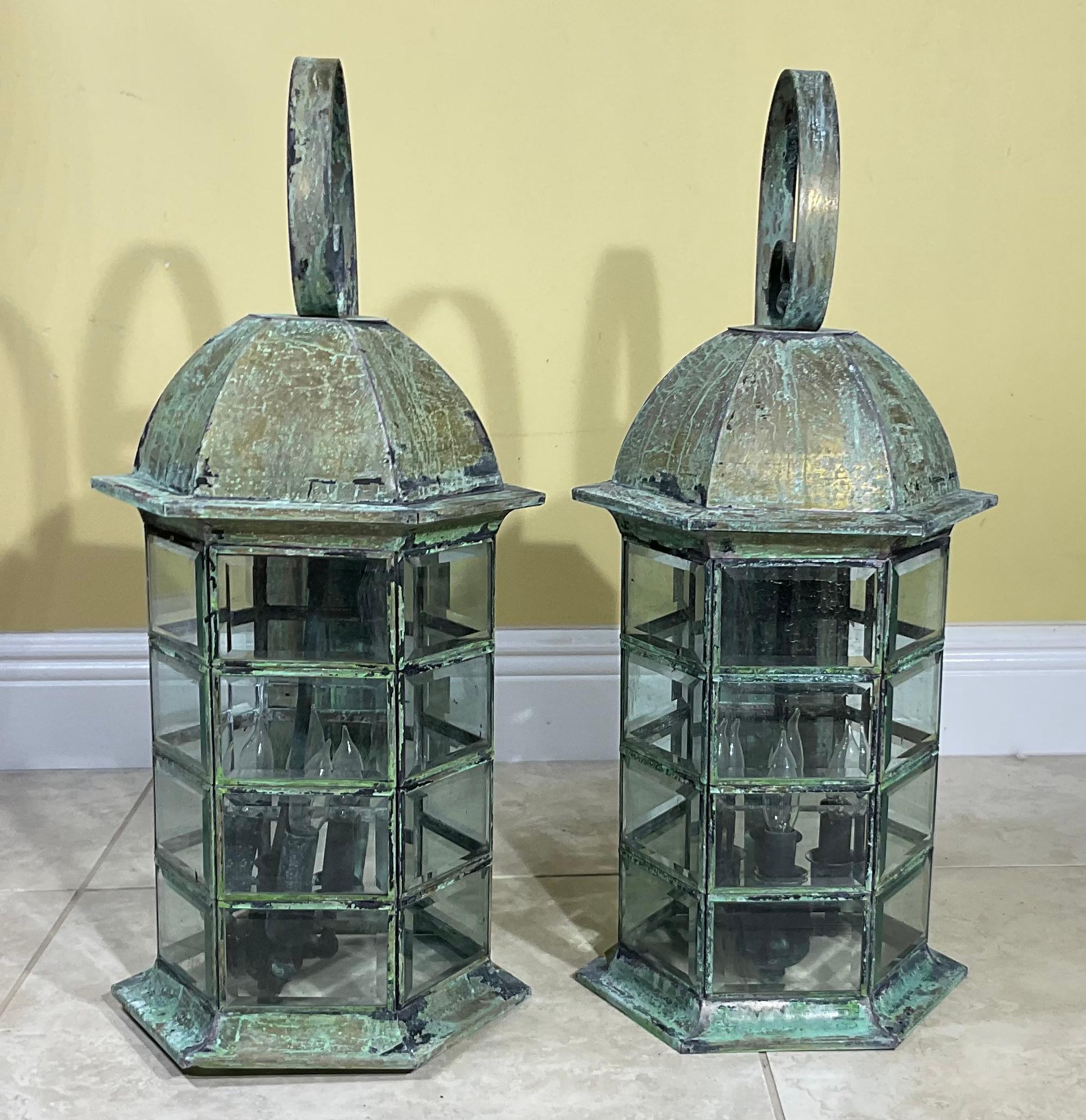 Pair of Large Architectural Brass Wall Lantern For Sale 6