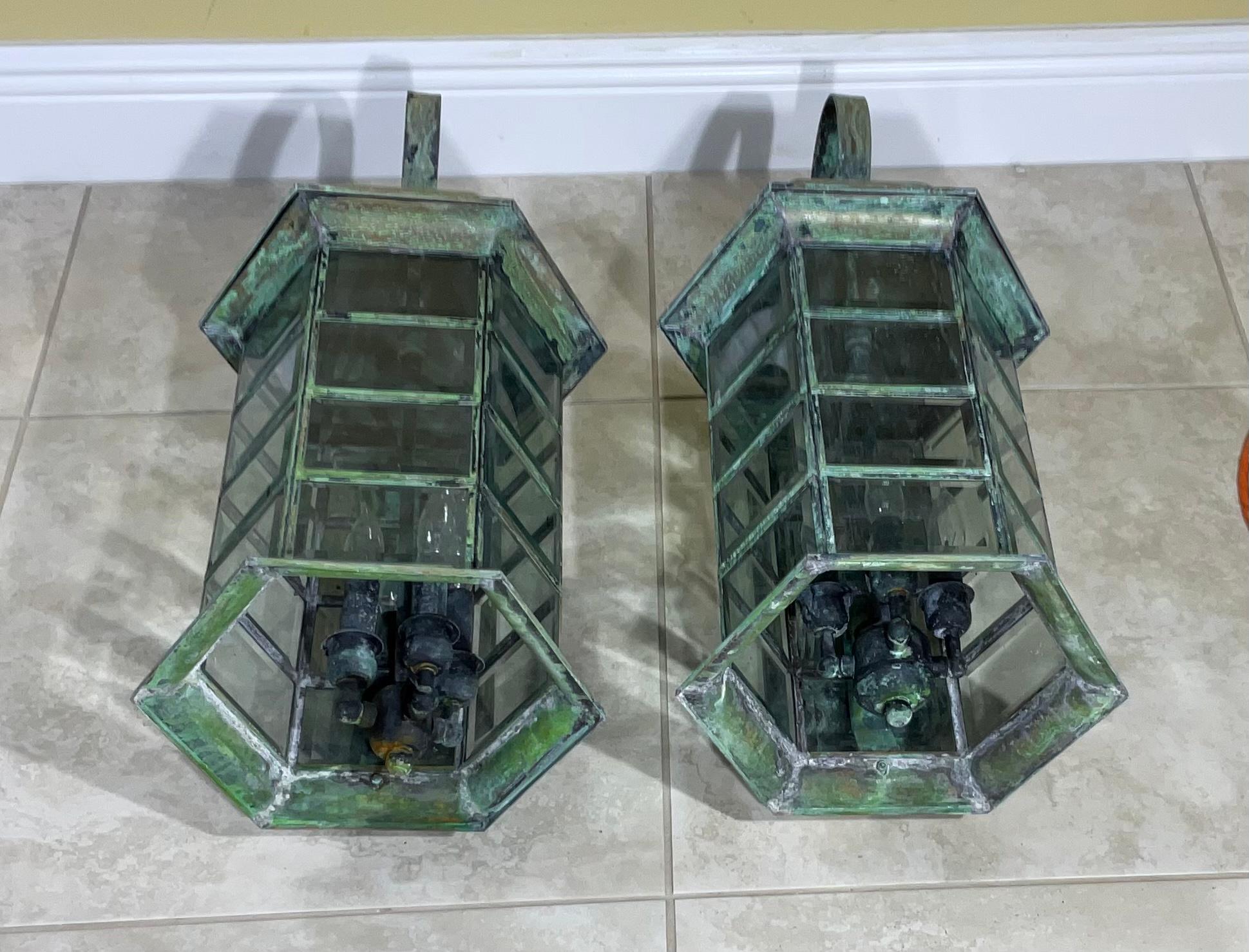 American Classical Pair of Large Architectural Brass Wall Lantern For Sale