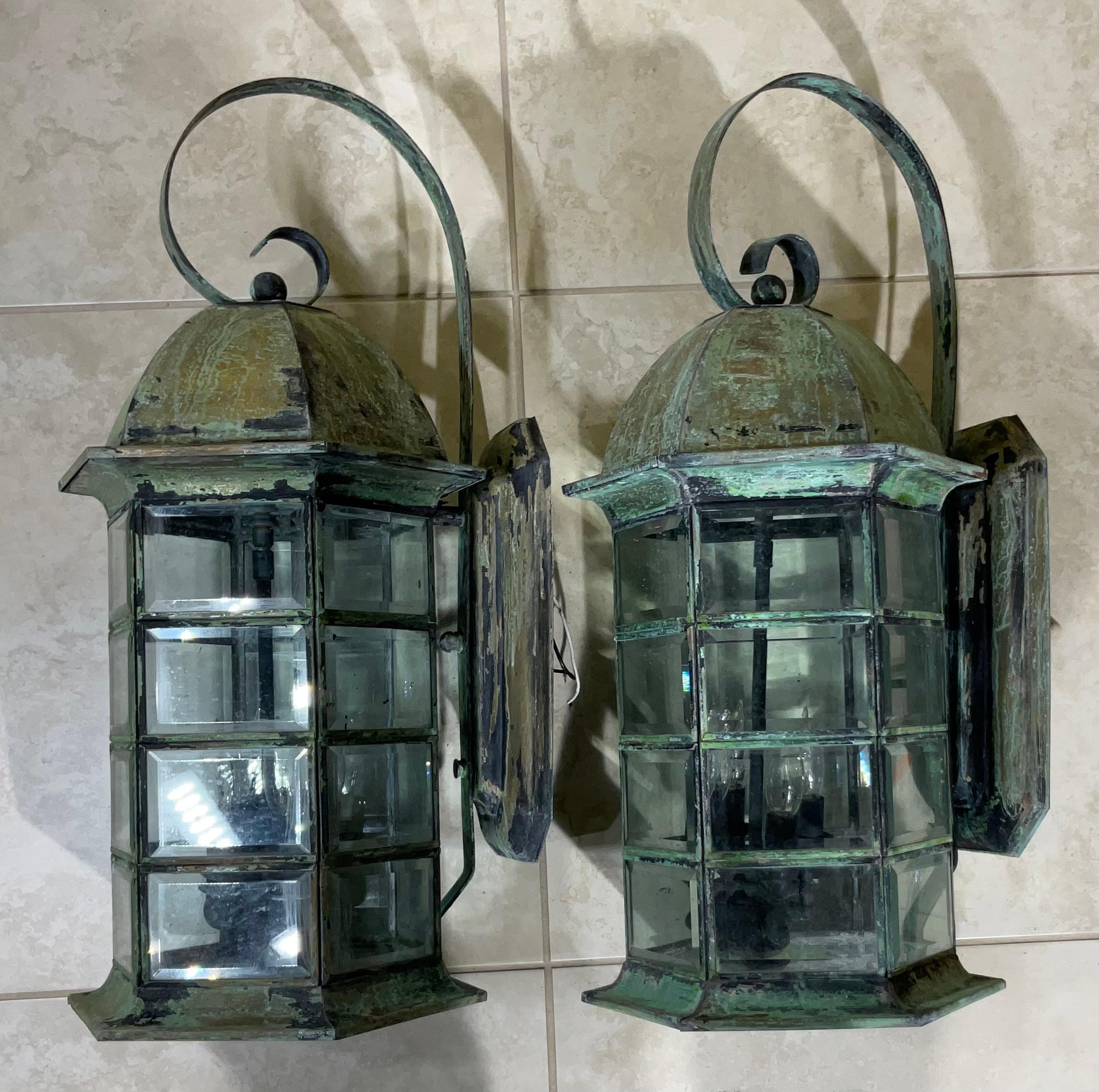 American Pair of Large Architectural Brass Wall Lantern For Sale