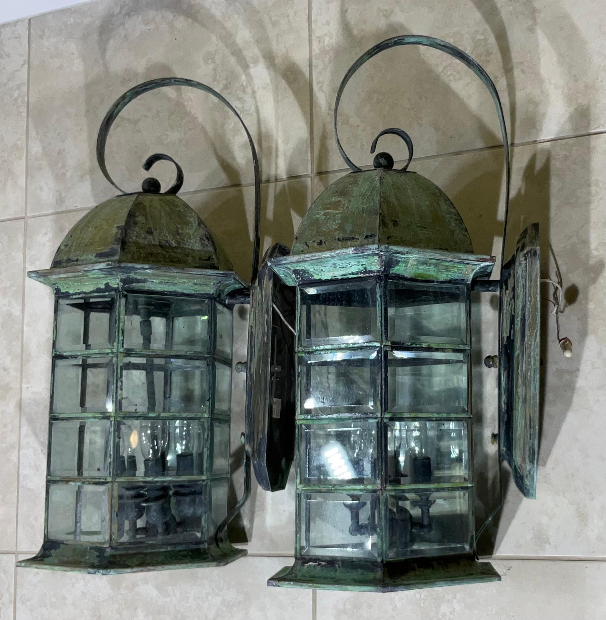 Hand-Crafted Pair of Large Architectural Brass Wall Lantern For Sale
