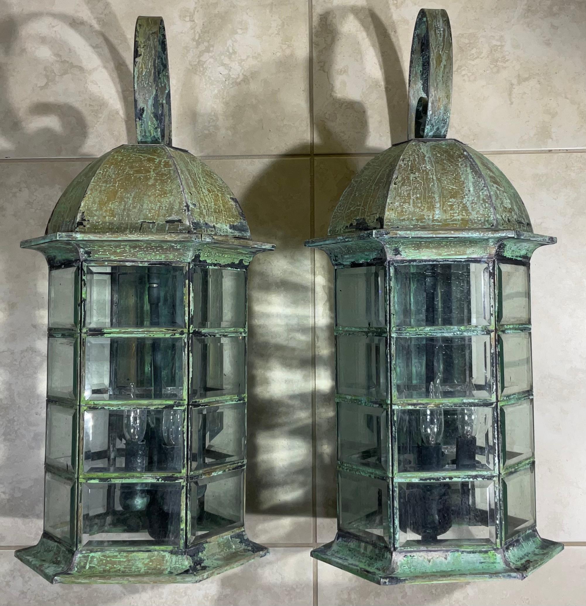 20th Century Pair of Large Architectural Brass Wall Lantern For Sale