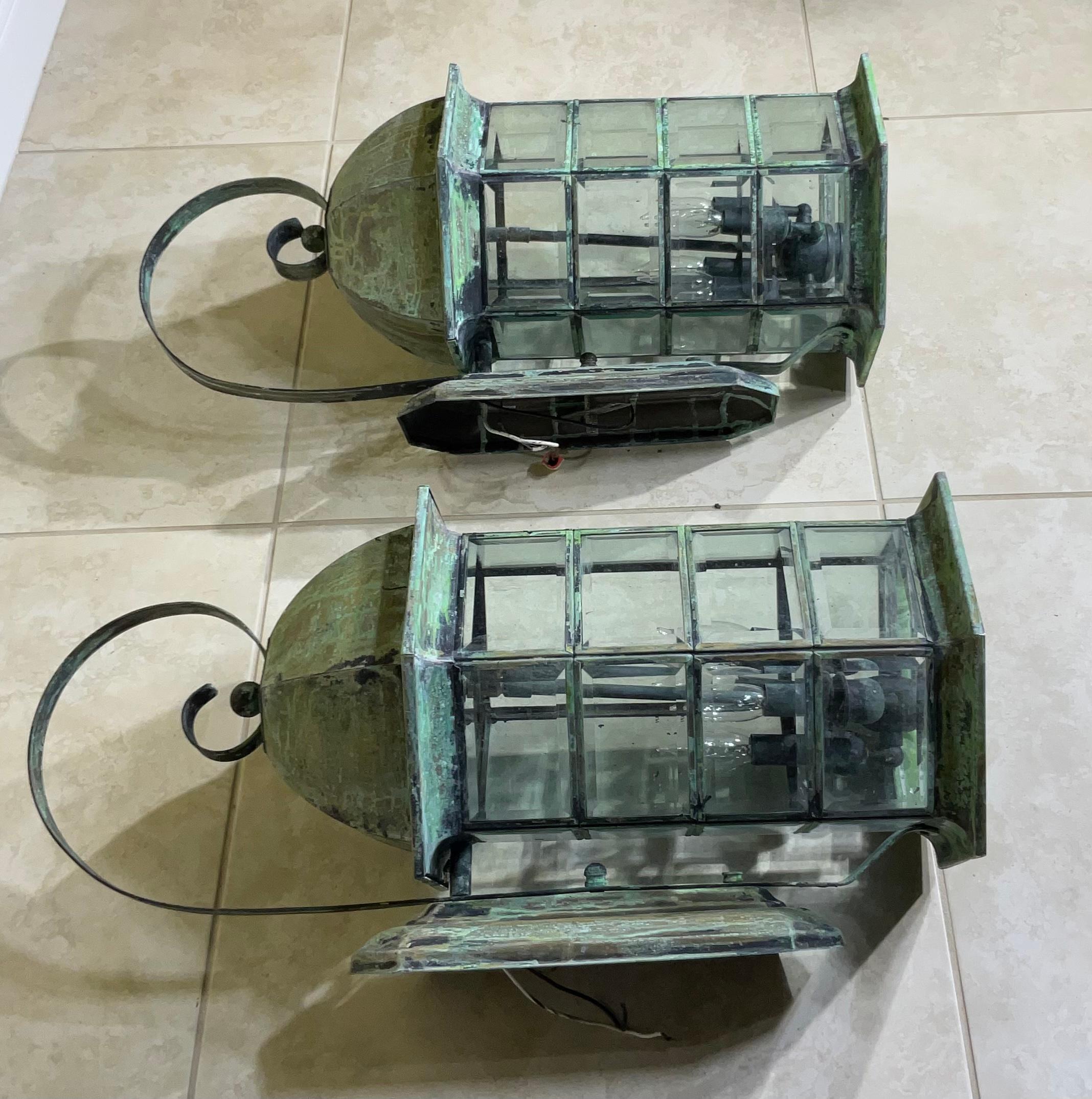 Pair of Large Architectural Brass Wall Lantern For Sale 1