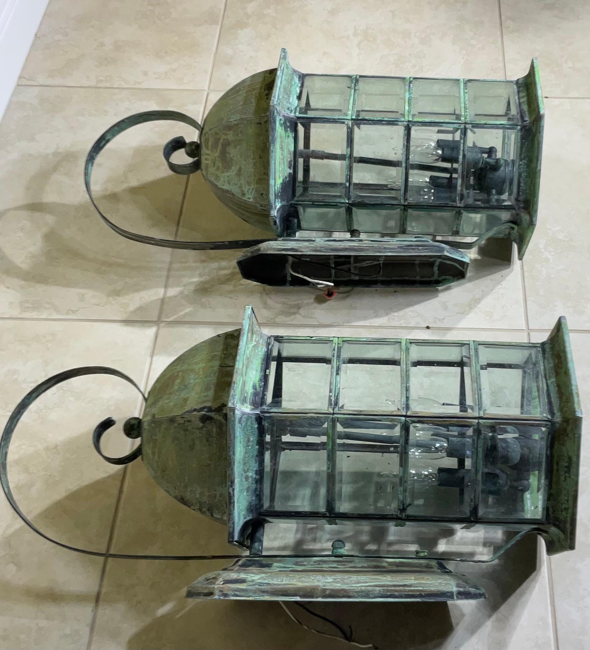 Pair of Large Architectural Brass Wall Lantern For Sale 2