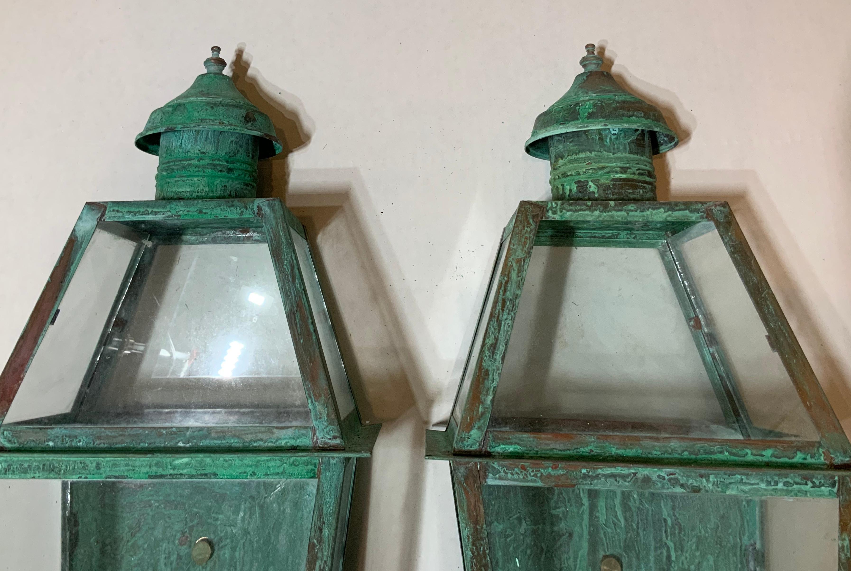 Pair of Large Architectural Copper Wall Lantern In Good Condition In Delray Beach, FL