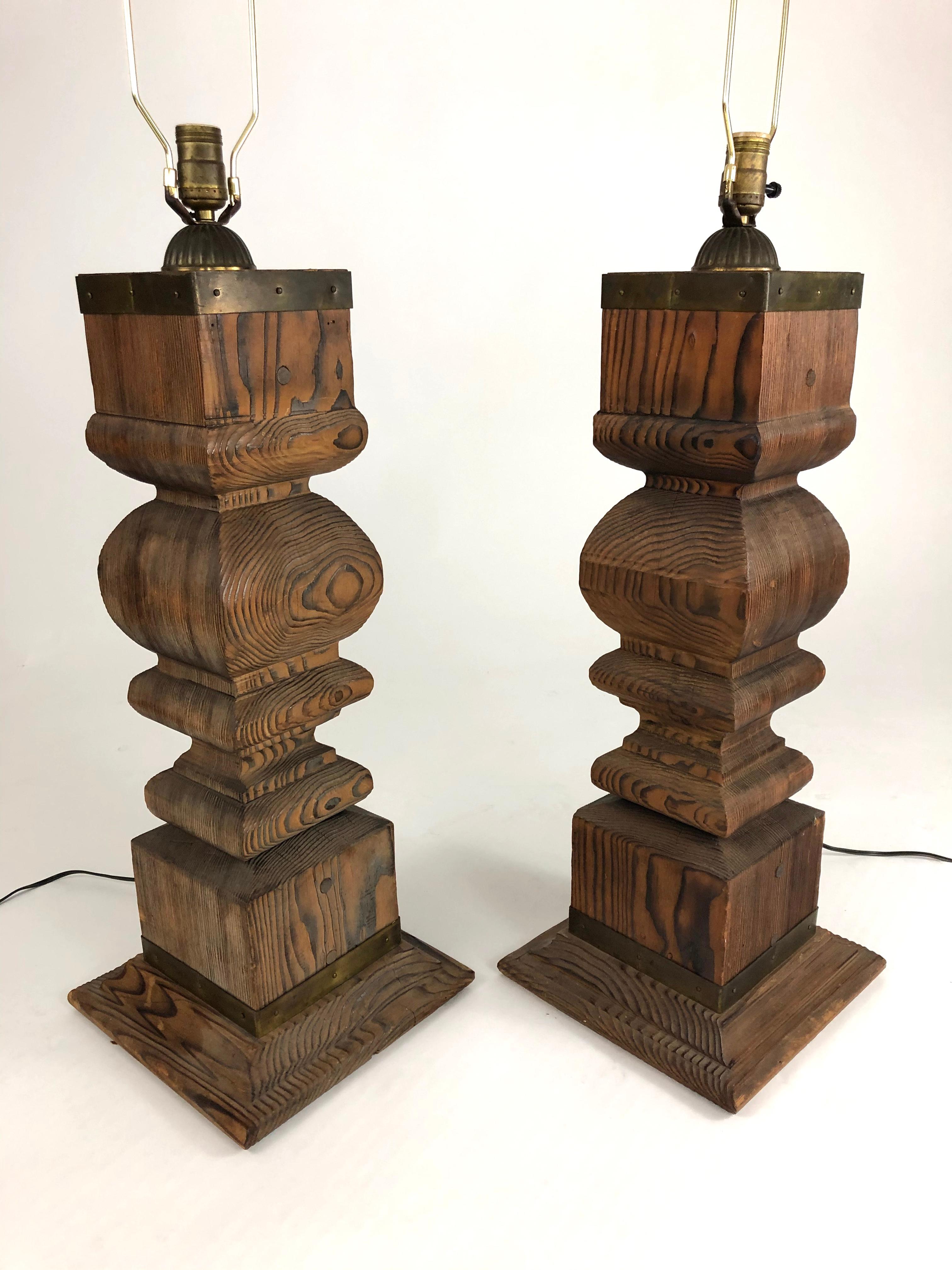 Pair of Large Architectural Japanese Cypress Balustrade Lamps In Good Condition In Essex, MA