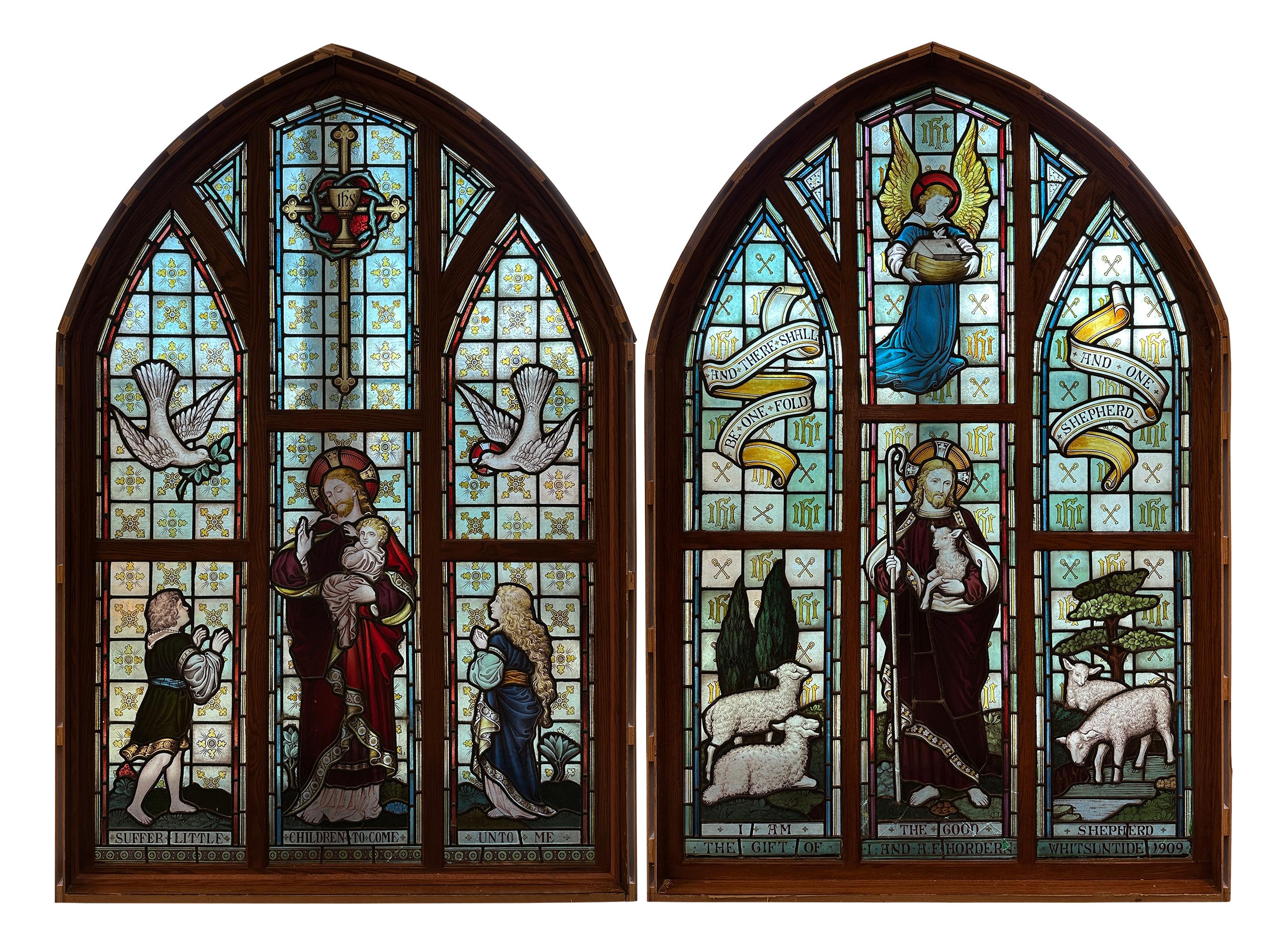 Fabulous quality turn of the 19th century pair of religious painted stained glass arched windows. Set in oak and bent wood frame.
Beautifully depicting the teachings of Jesus.
