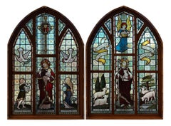 Par De Grandes Vidrieras Religiosas Arquitectónicas Antiguas