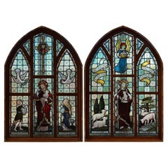 Pair Of Large Antique Architectural Religious Stained Glass Windows