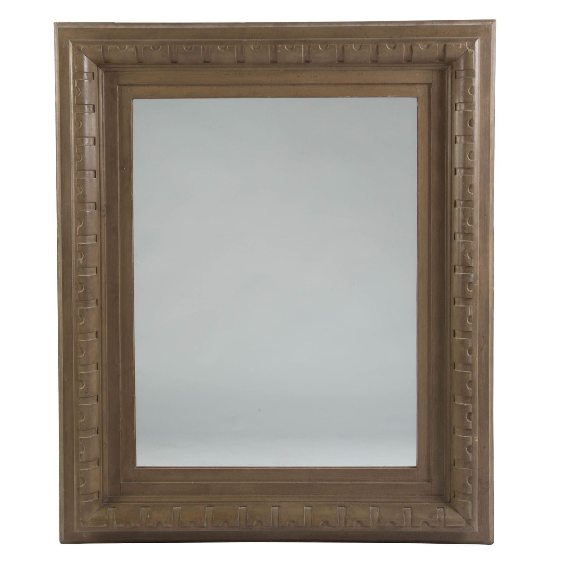 A pair of large architectural wooden framed mirrors with original paint wash color, French, circa 1940.