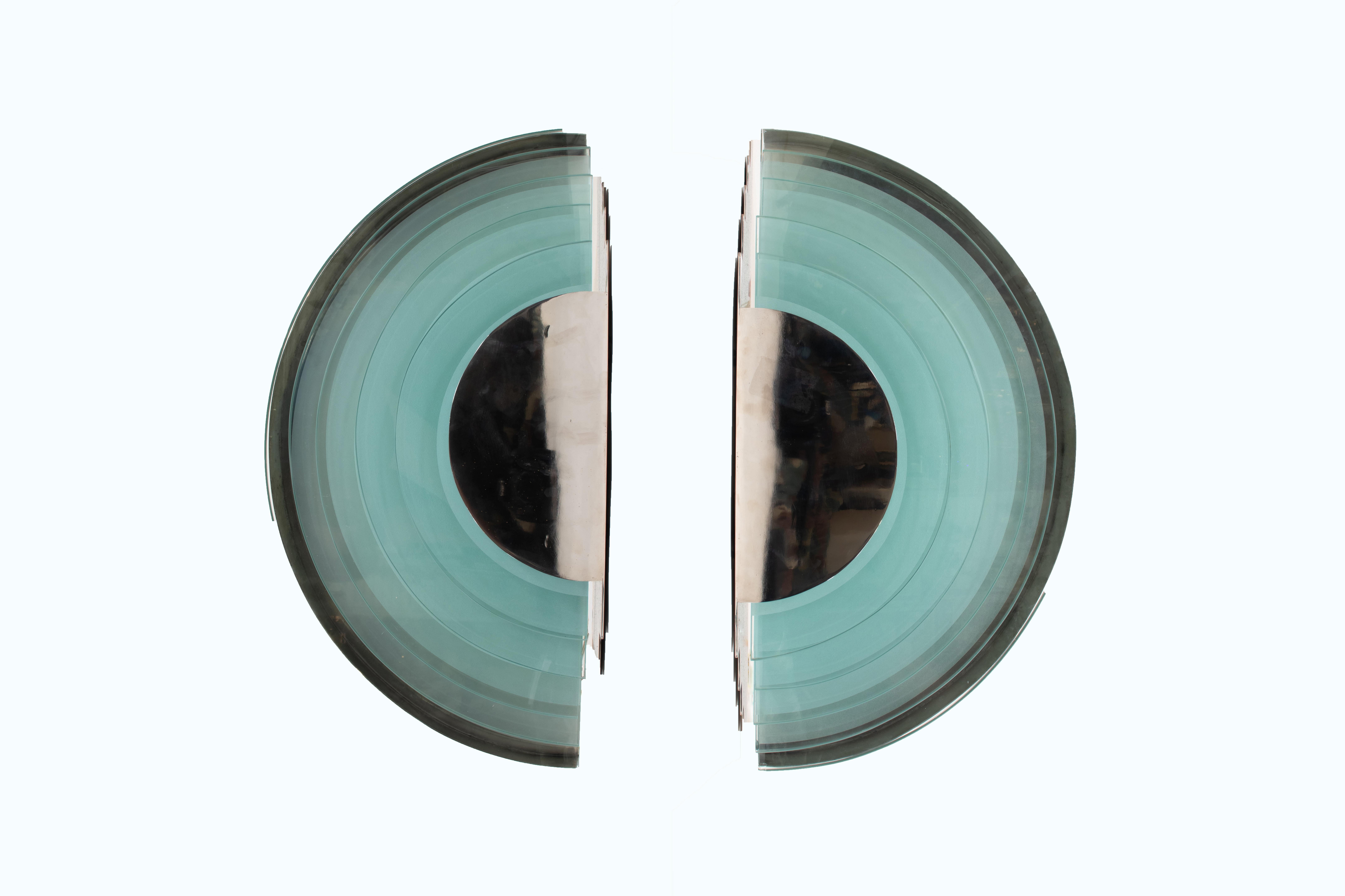 Pair of Large Argentinian Art Deco Semi-Circular Layered Chrome and Glass Sconce For Sale 4
