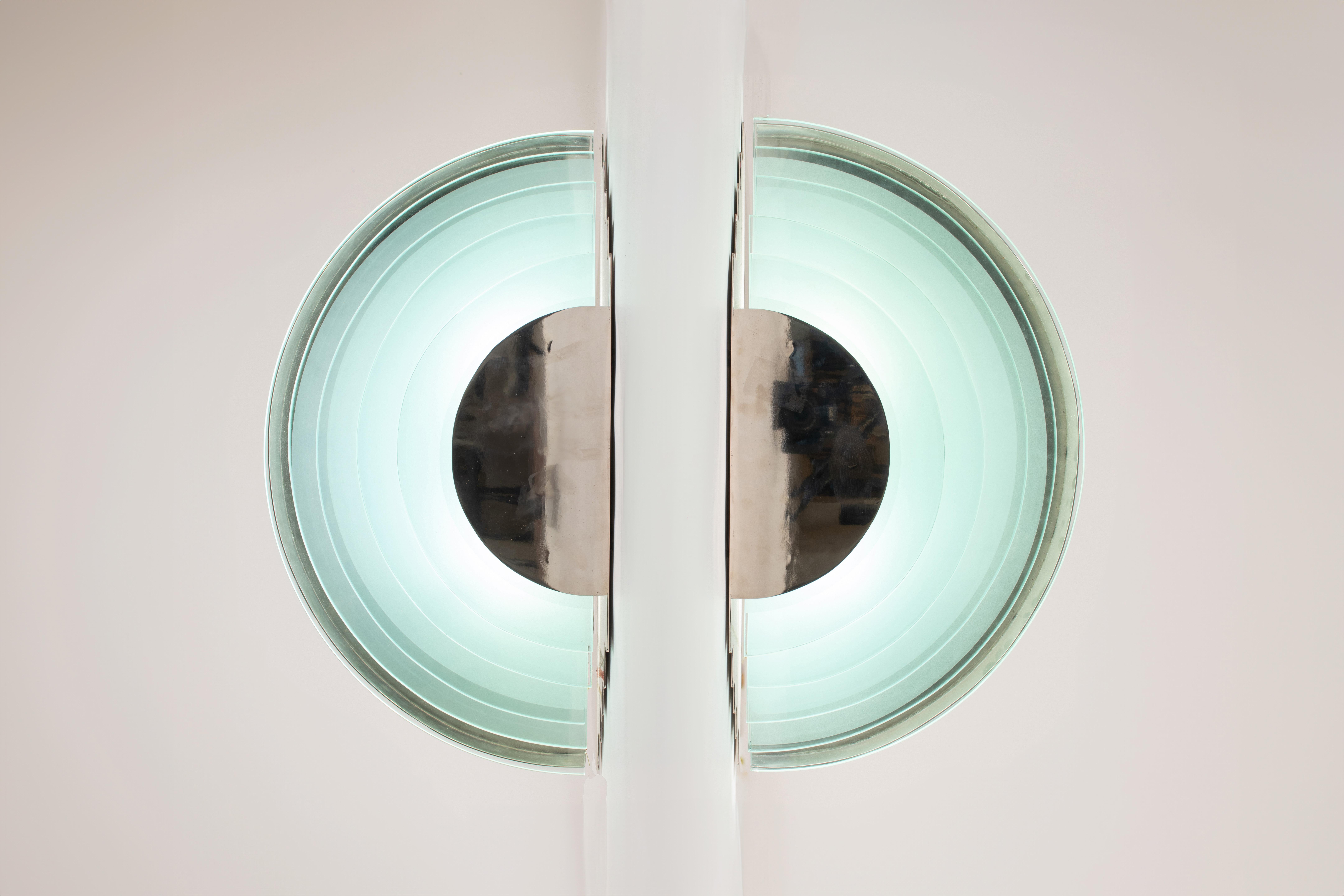 Pair of Large Argentinian Art Deco Semi-Circular Layered Chrome and Glass Sconce For Sale 5
