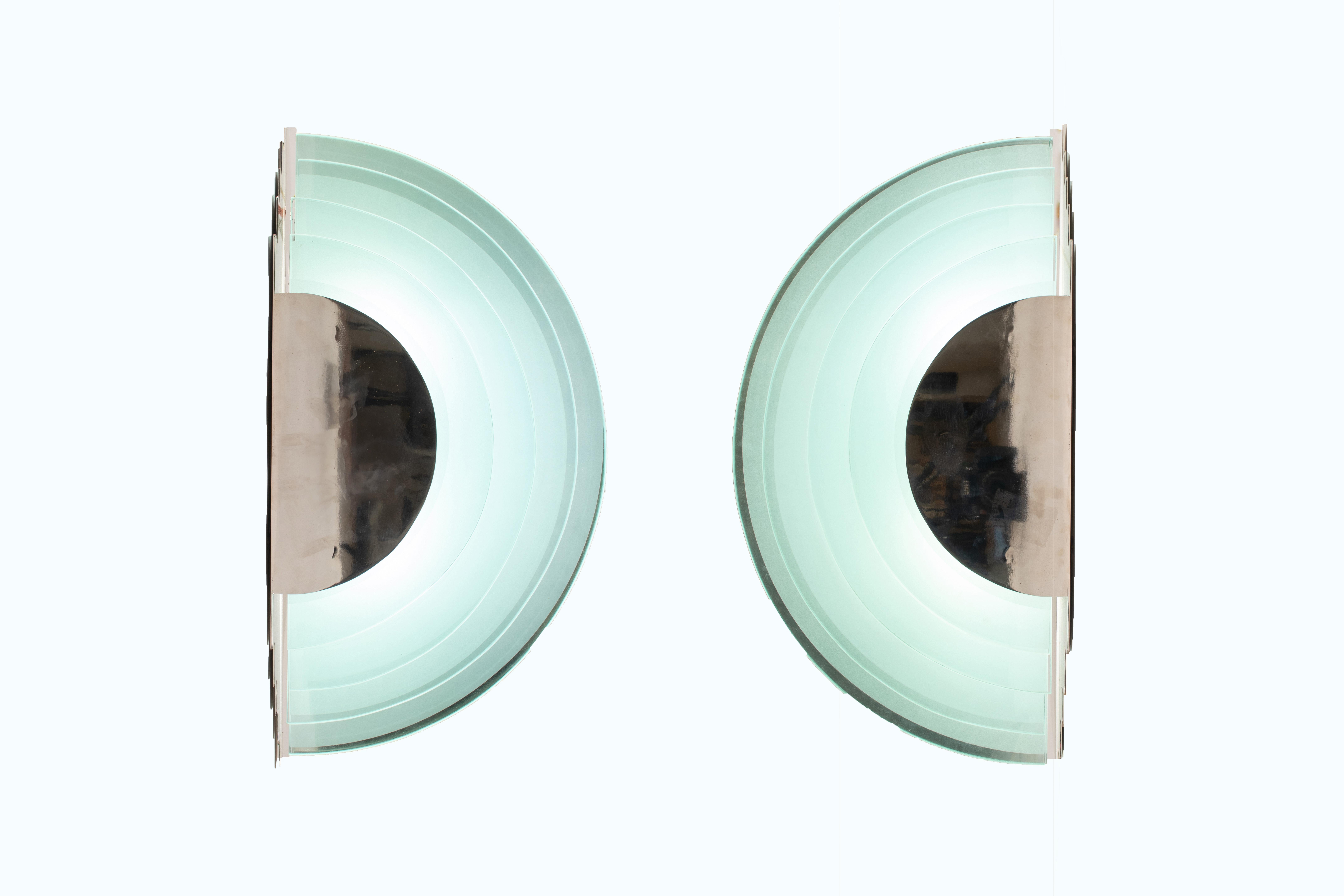 Pair of Large Argentinian Art Deco Semi-Circular Layered Chrome and Glass Sconce For Sale 6