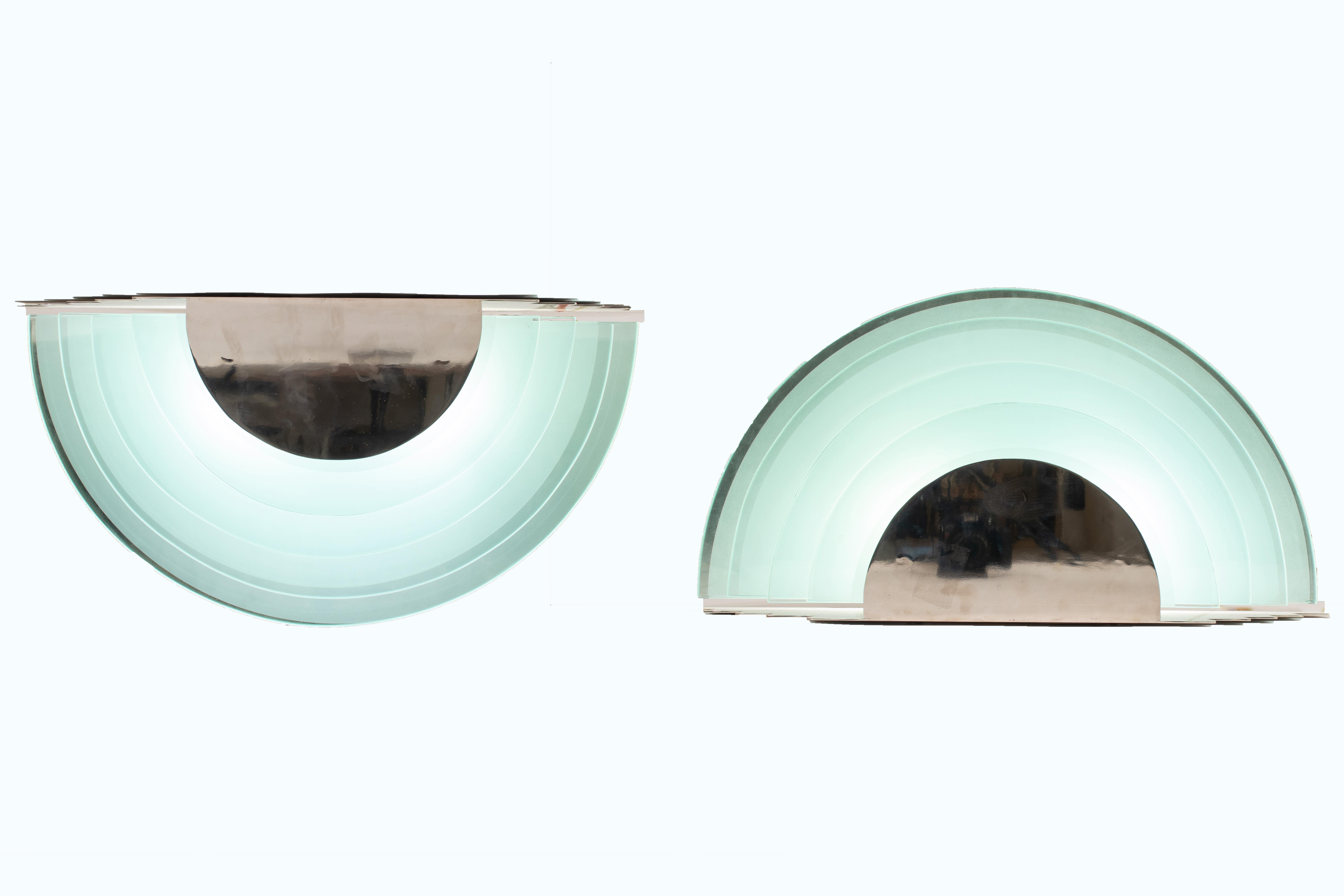 Pair of Large Argentinian Art Deco Semi-Circular Layered Chrome and Glass Sconce For Sale 7