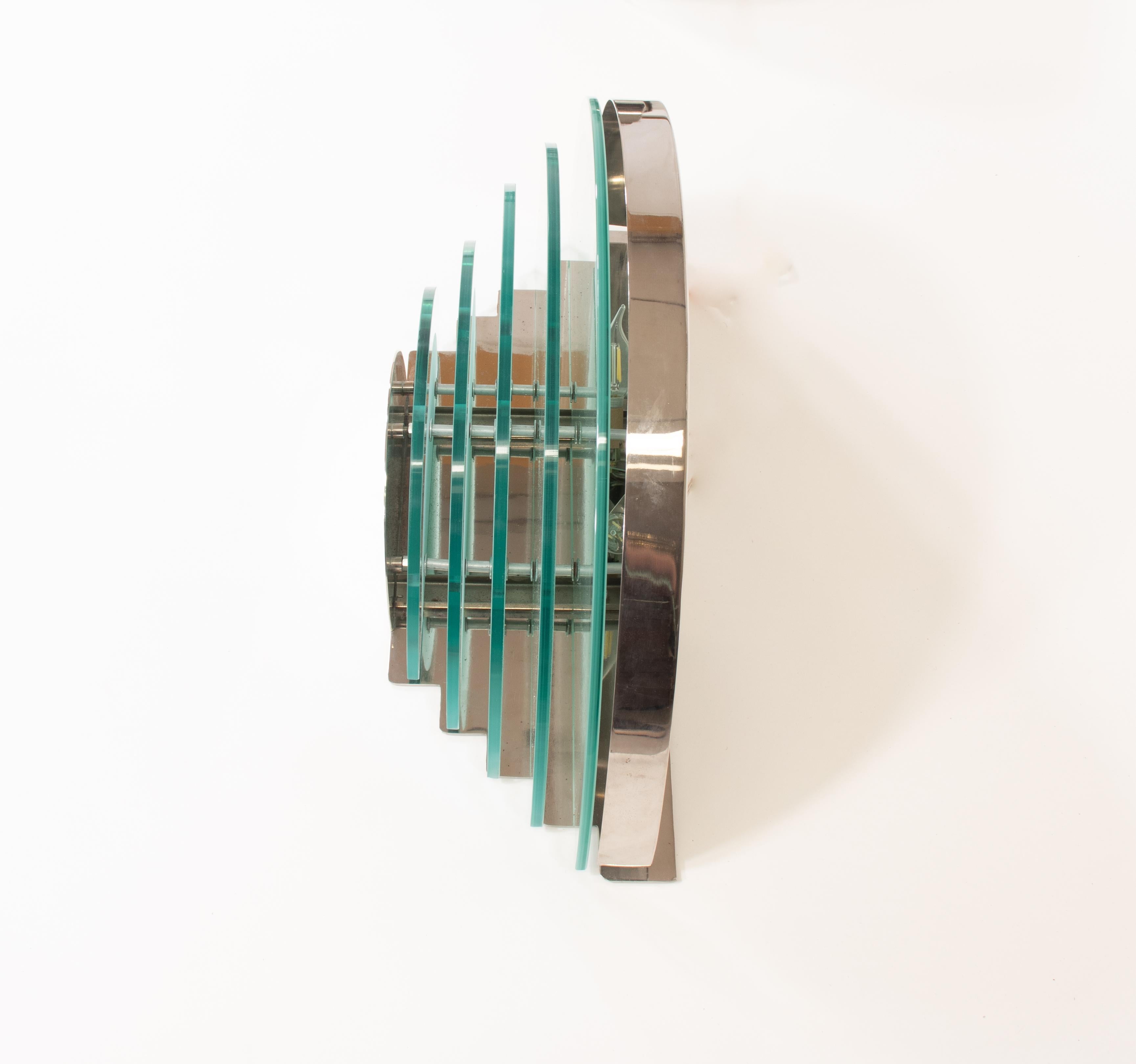 Pair of Large Argentinian Art Deco Semi-Circular Layered Chrome and Glass Sconce For Sale 8