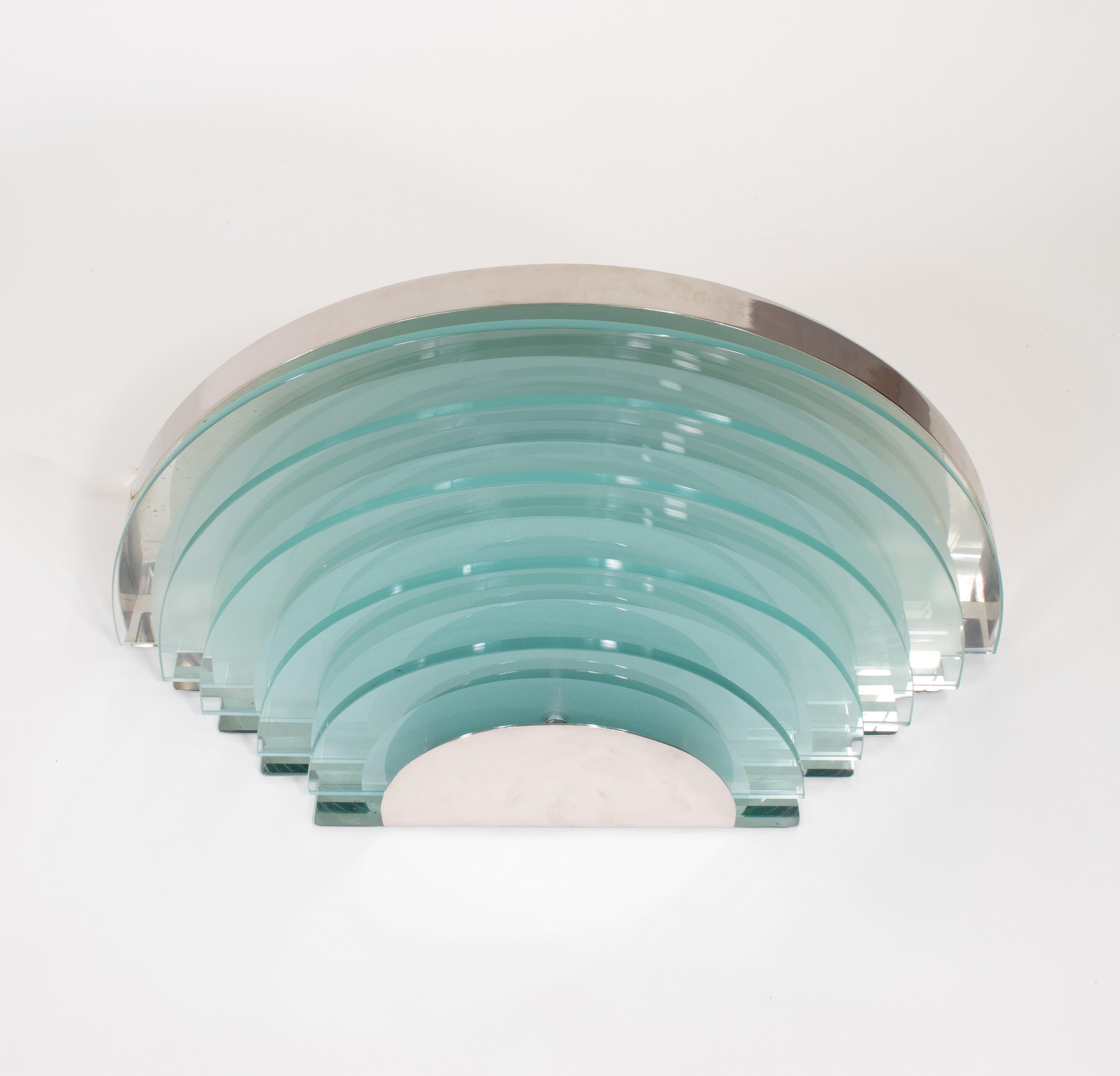 Pair of Large Argentinian Art Deco Semi-Circular Layered Chrome and Glass Sconce For Sale 10