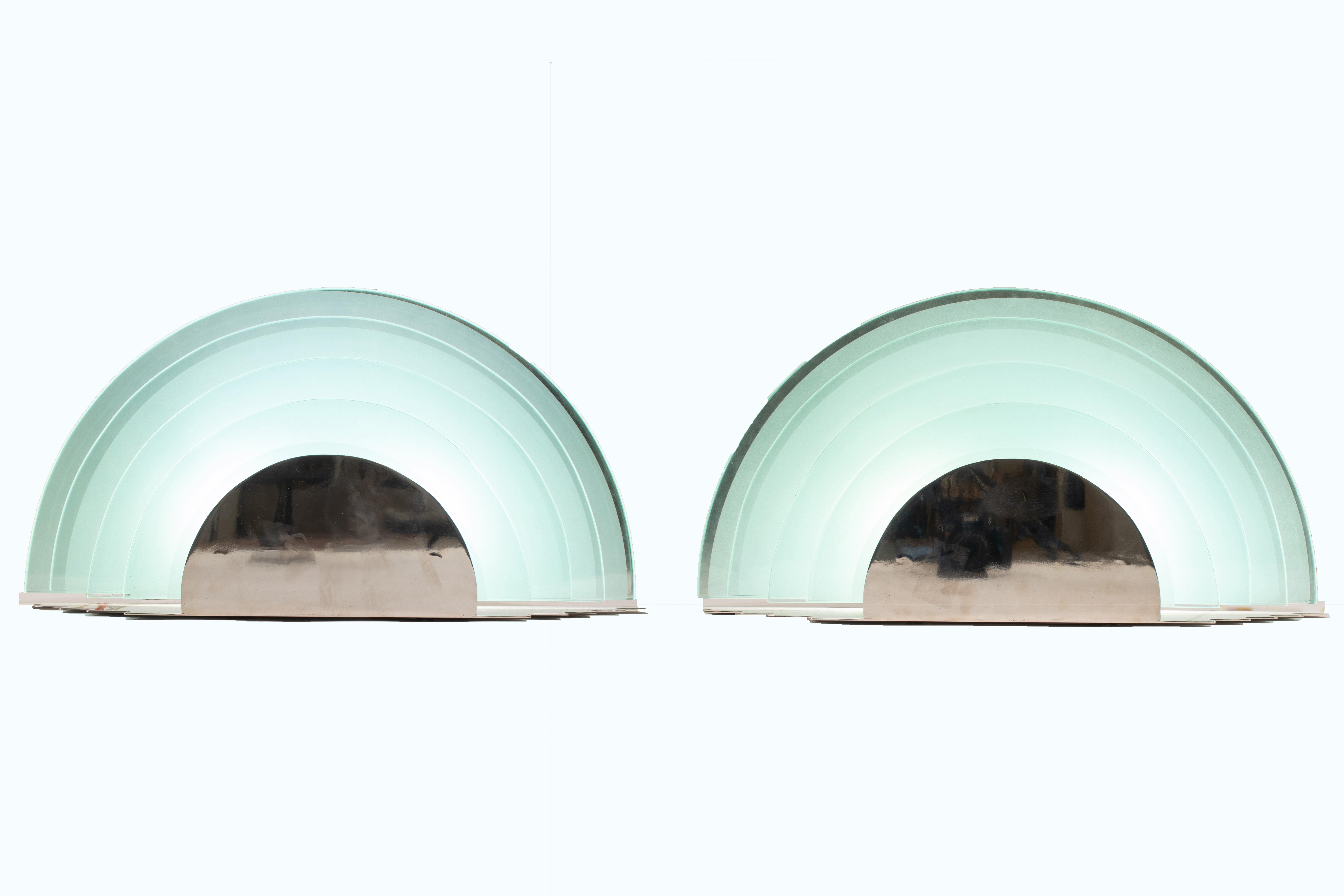 Argentine Pair of Large Argentinian Art Deco Semi-Circular Layered Chrome and Glass Sconce For Sale
