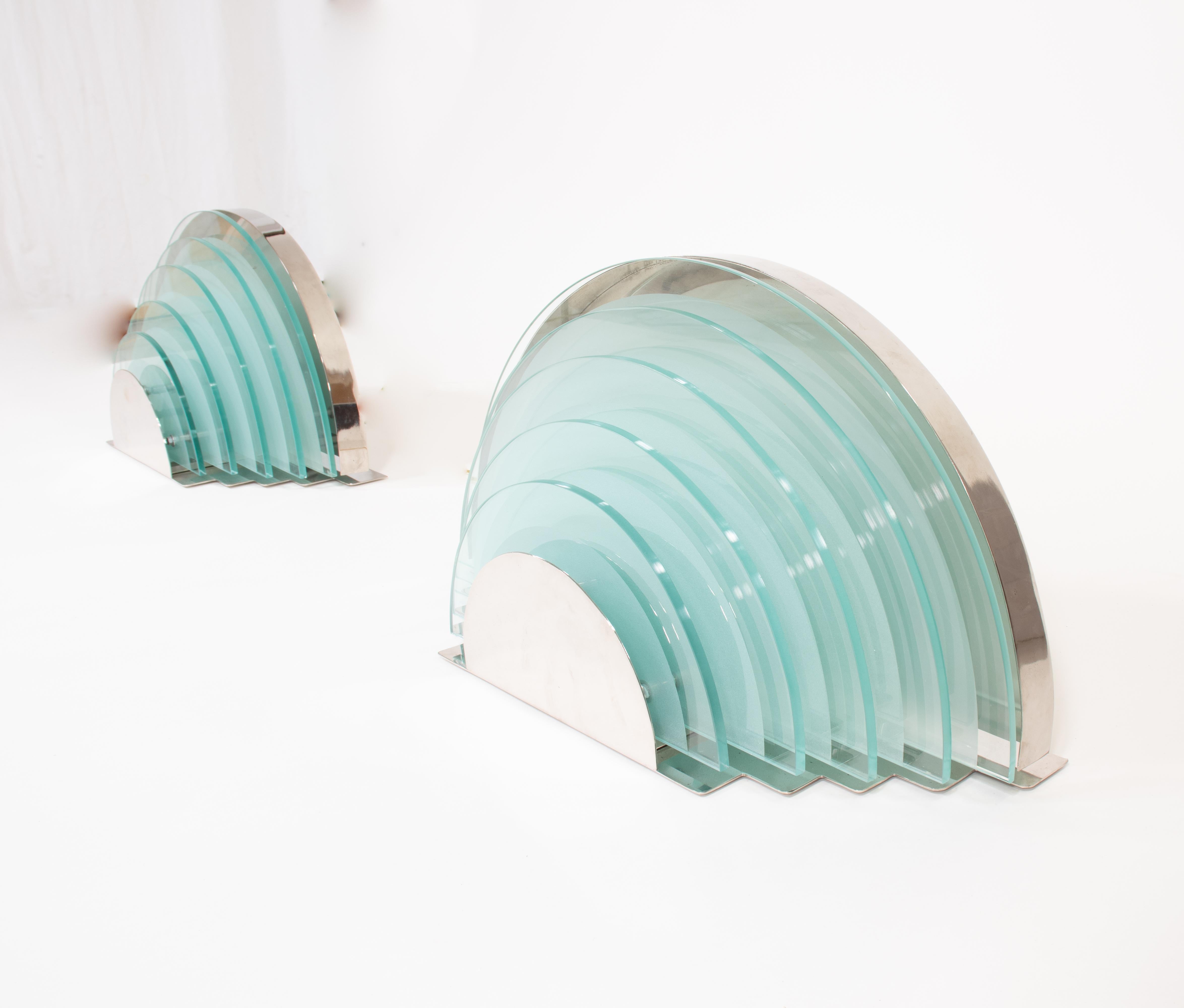 Hand-Crafted Pair of Large Argentinian Art Deco Semi-Circular Layered Chrome and Glass Sconce For Sale