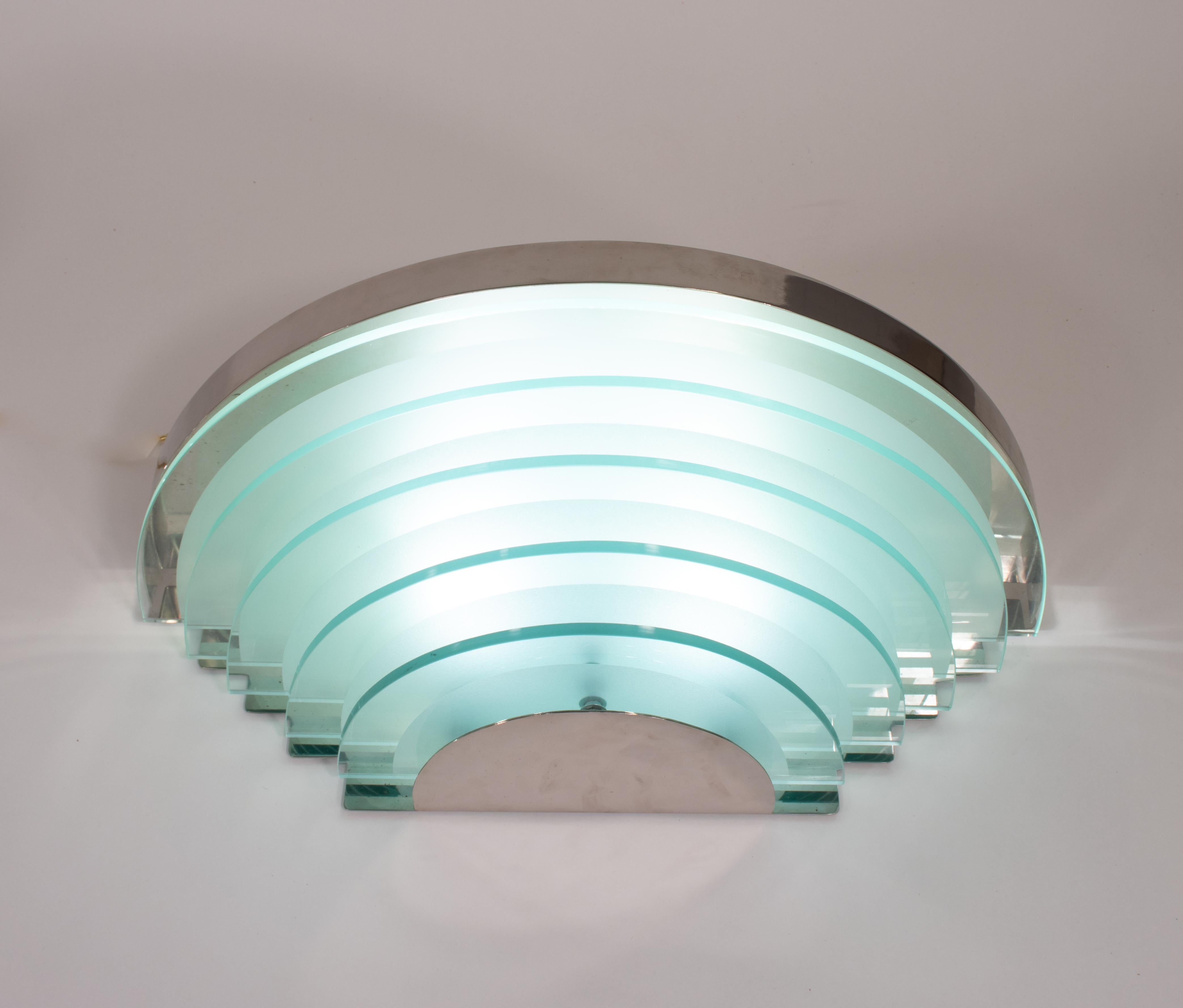 Pair of Large Argentinian Art Deco Semi-Circular Layered Chrome and Glass Sconce In Good Condition For Sale In Chicago, IL