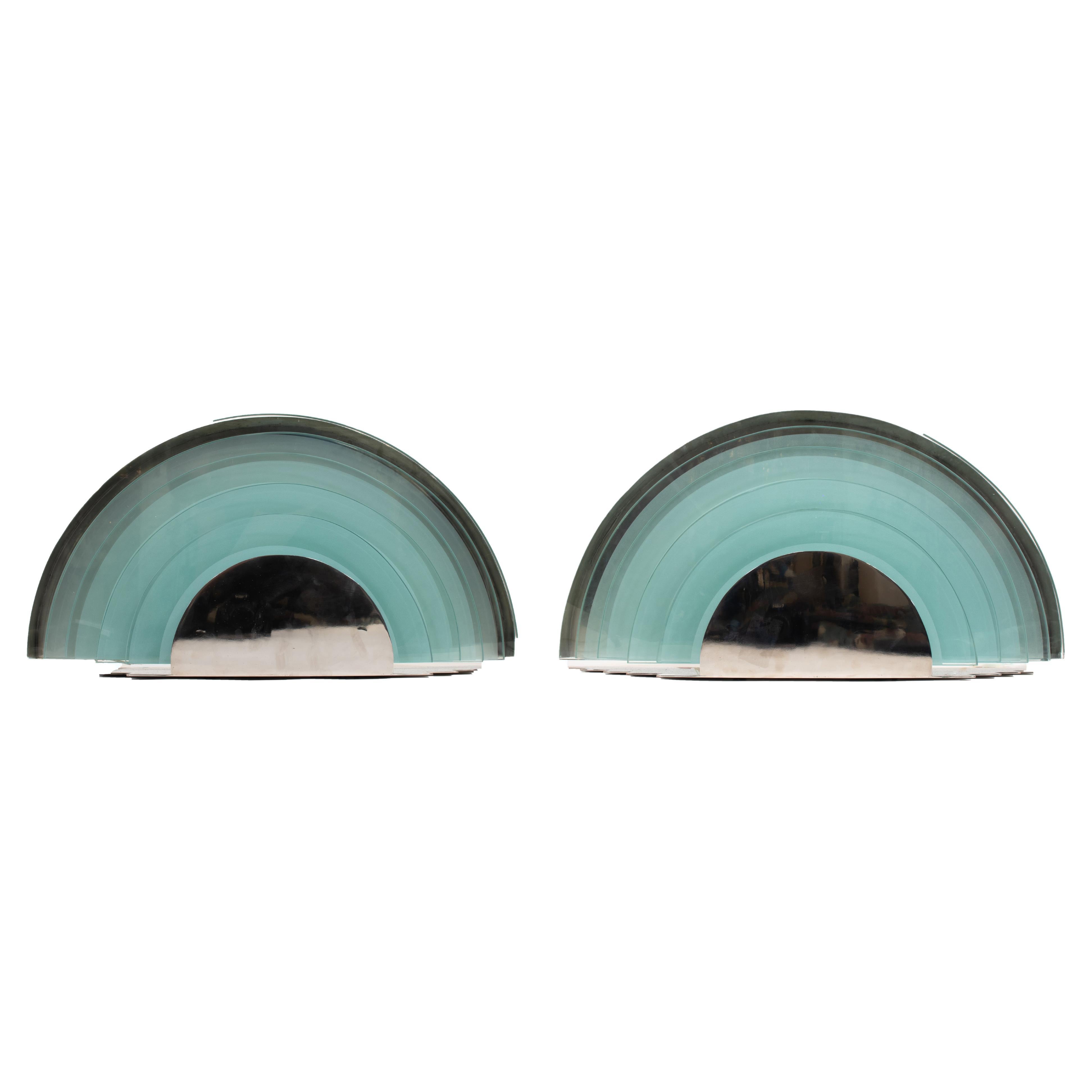 Pair of Large Argentinian Art Deco Semi-Circular Layered Chrome and Glass Sconce For Sale