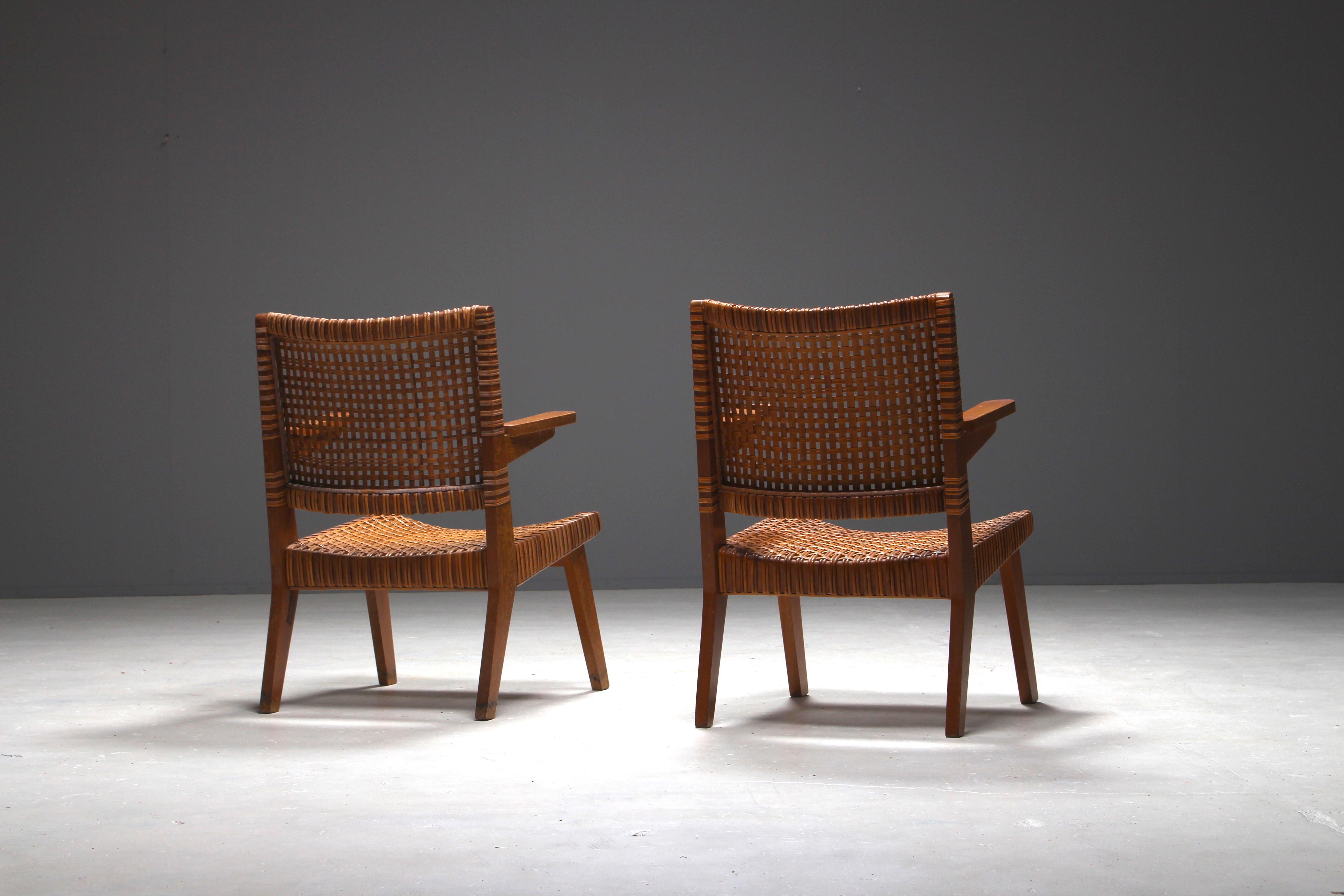 Mid-Century Modern Pair of Large Armchairs by Pierre Jeanneret Geneva, Switzerland, 1950s For Sale
