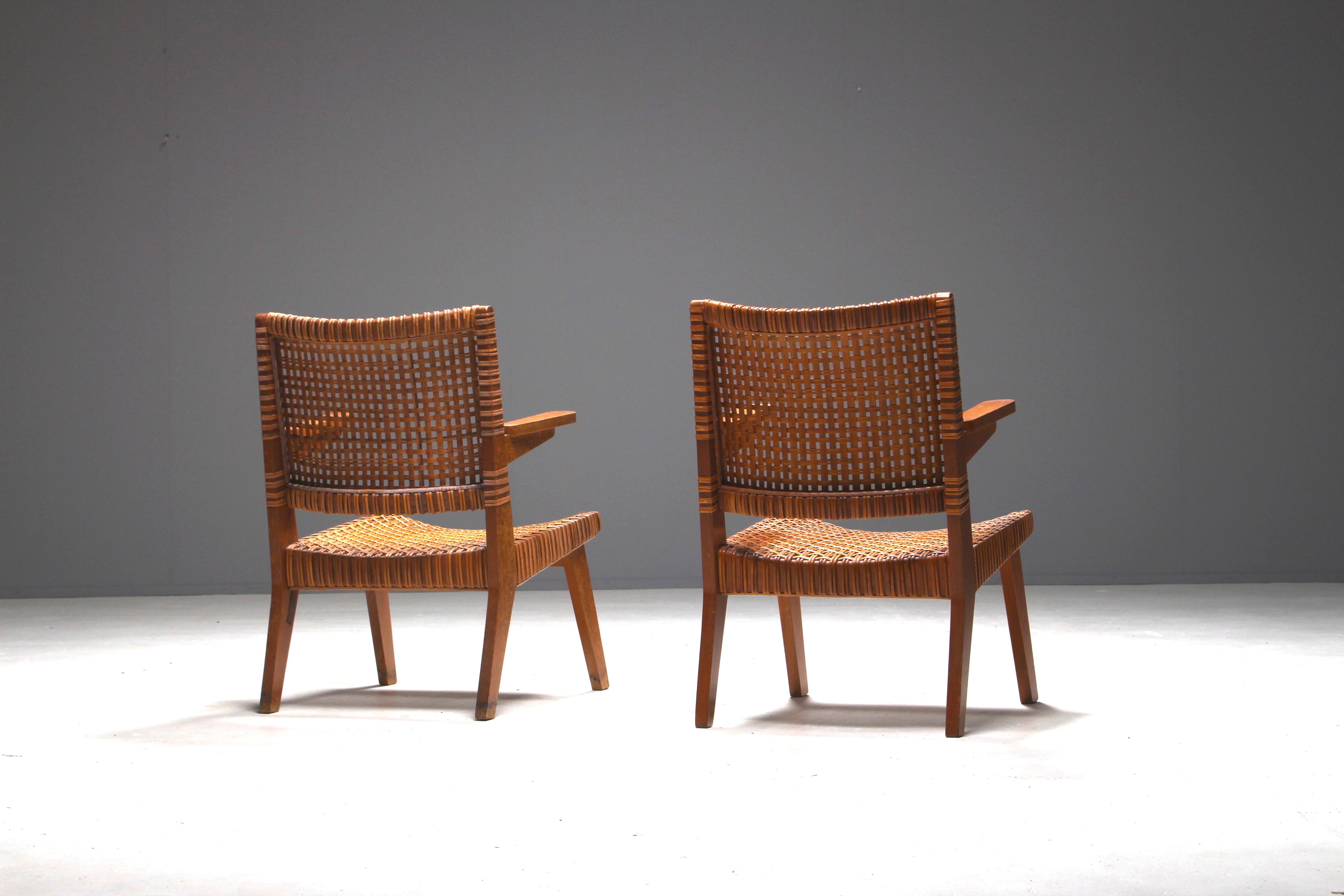 Mid-Century Modern Pair of Large Armchairs by Pierre Jeanneret Geneva, Switzerland, 1950s For Sale