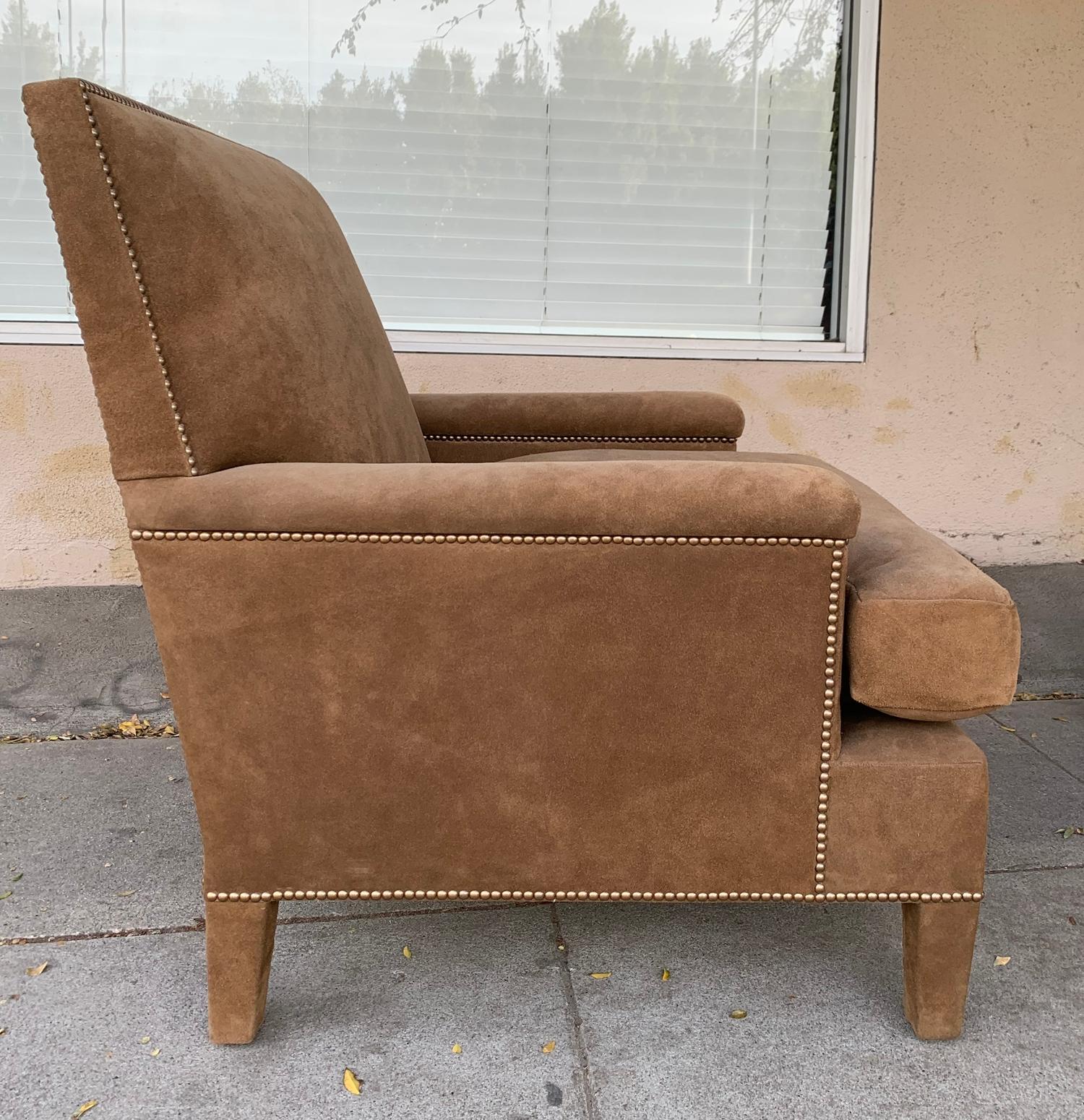 Pair of Large Armchairs Upholstered in Brown Suede 1