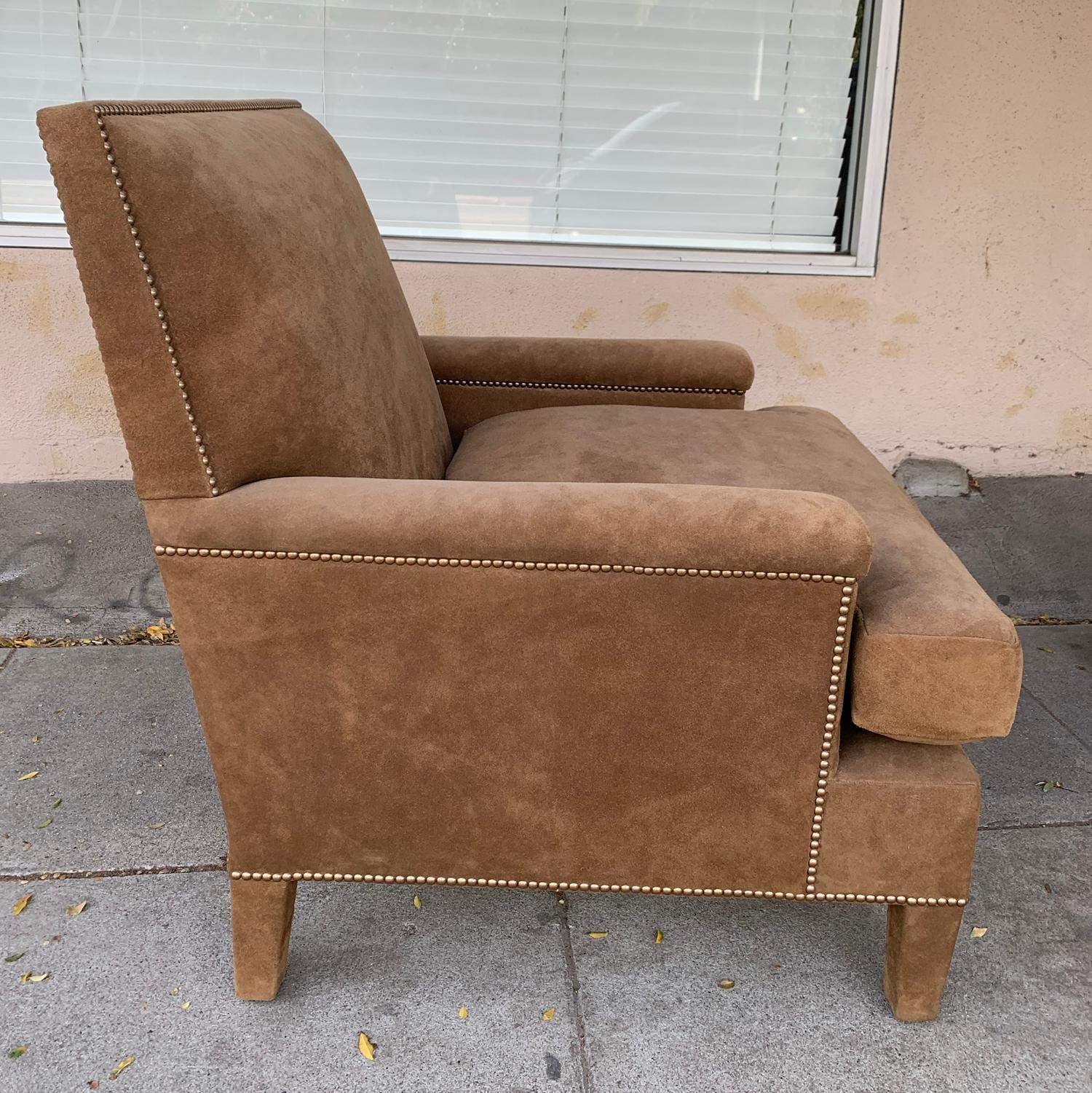 Pair of Large Armchairs Upholstered in Brown Suede 2